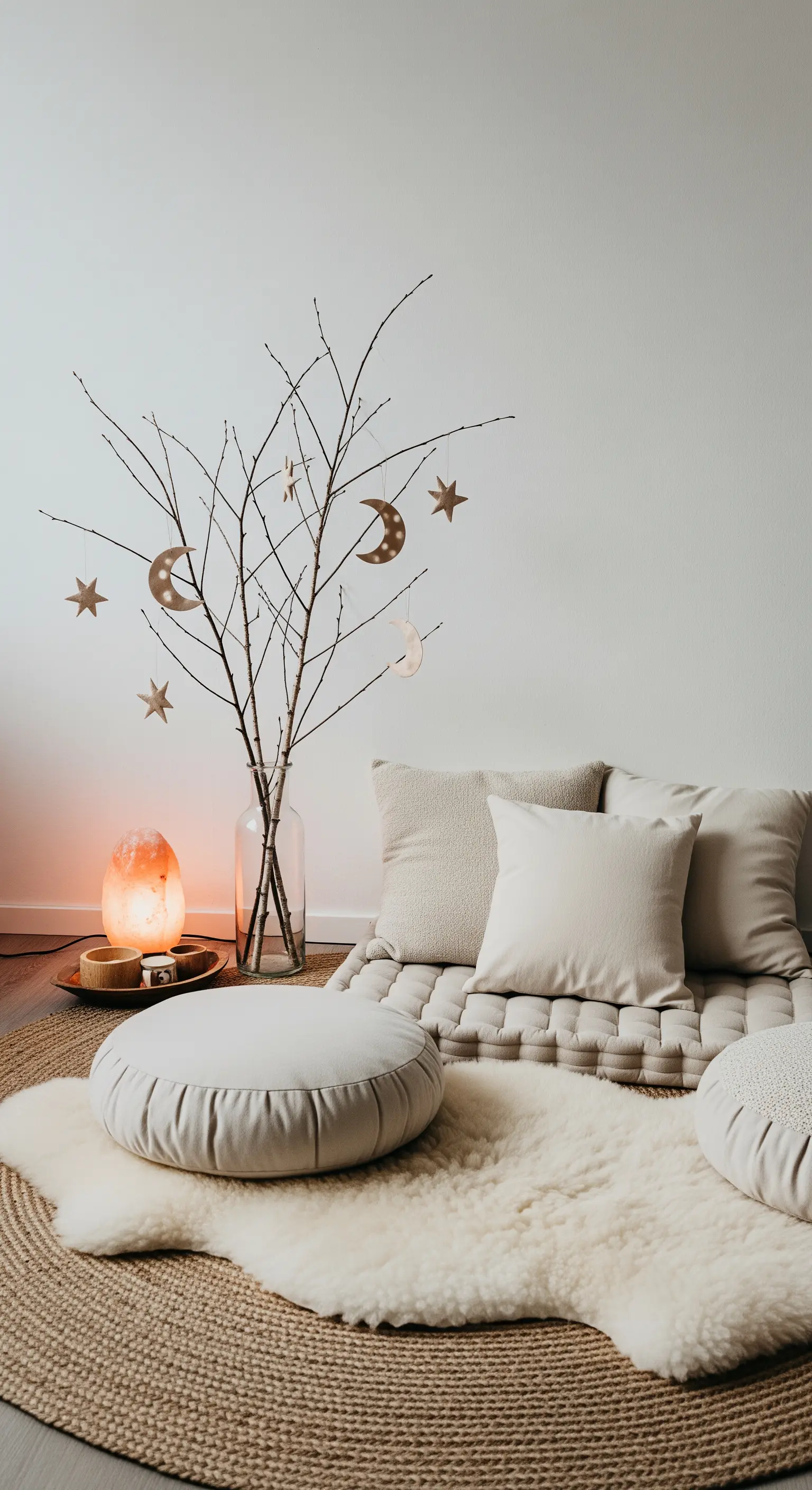 Ruhige Meditationsecke mit Bodenkissen, Ästen in einer Vase und Salzkristall-Lampe