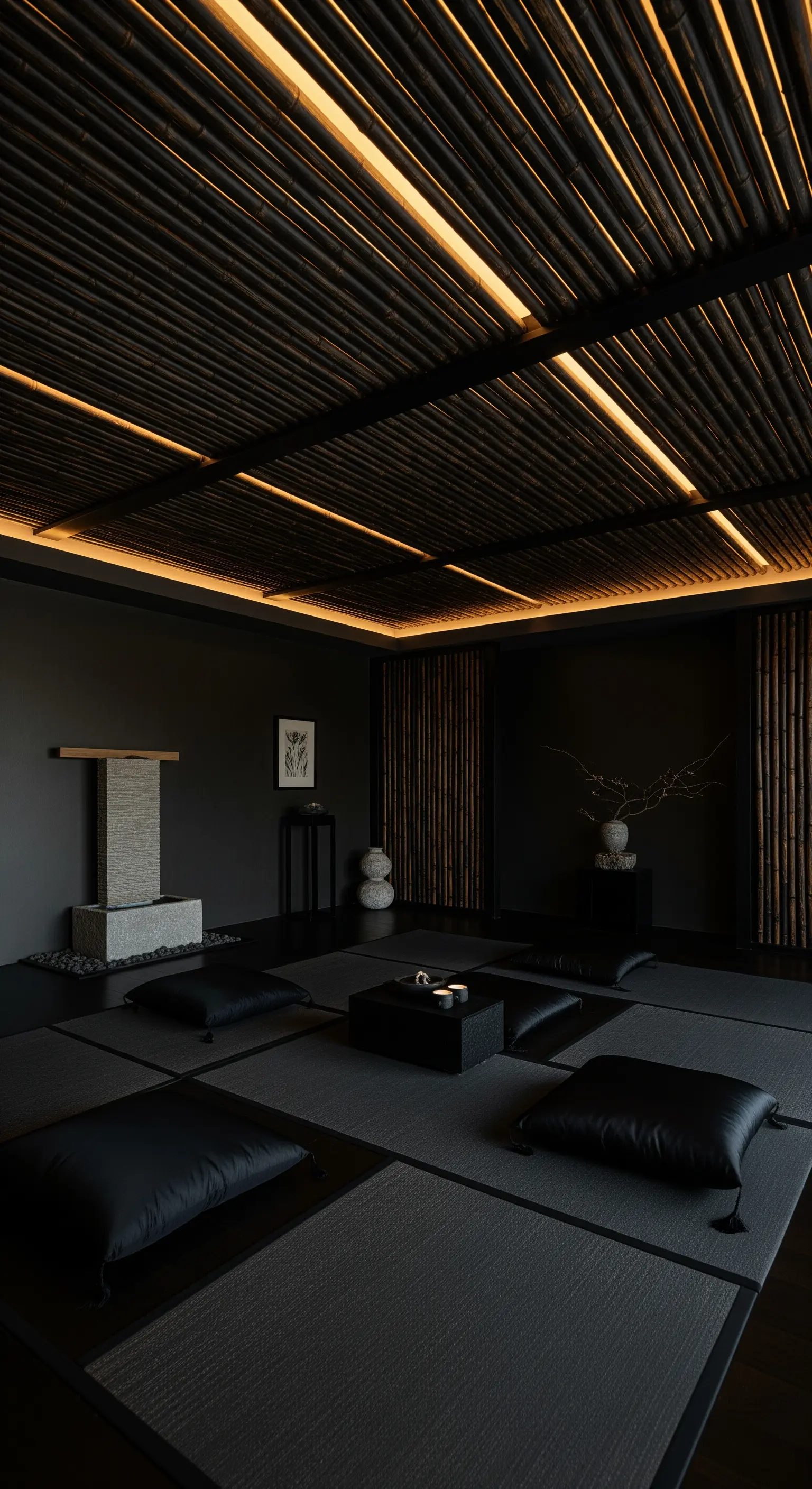 Meditationsraum mit dunkler Bambusdecke, integrierten Lichtleisten und Bodenkissen