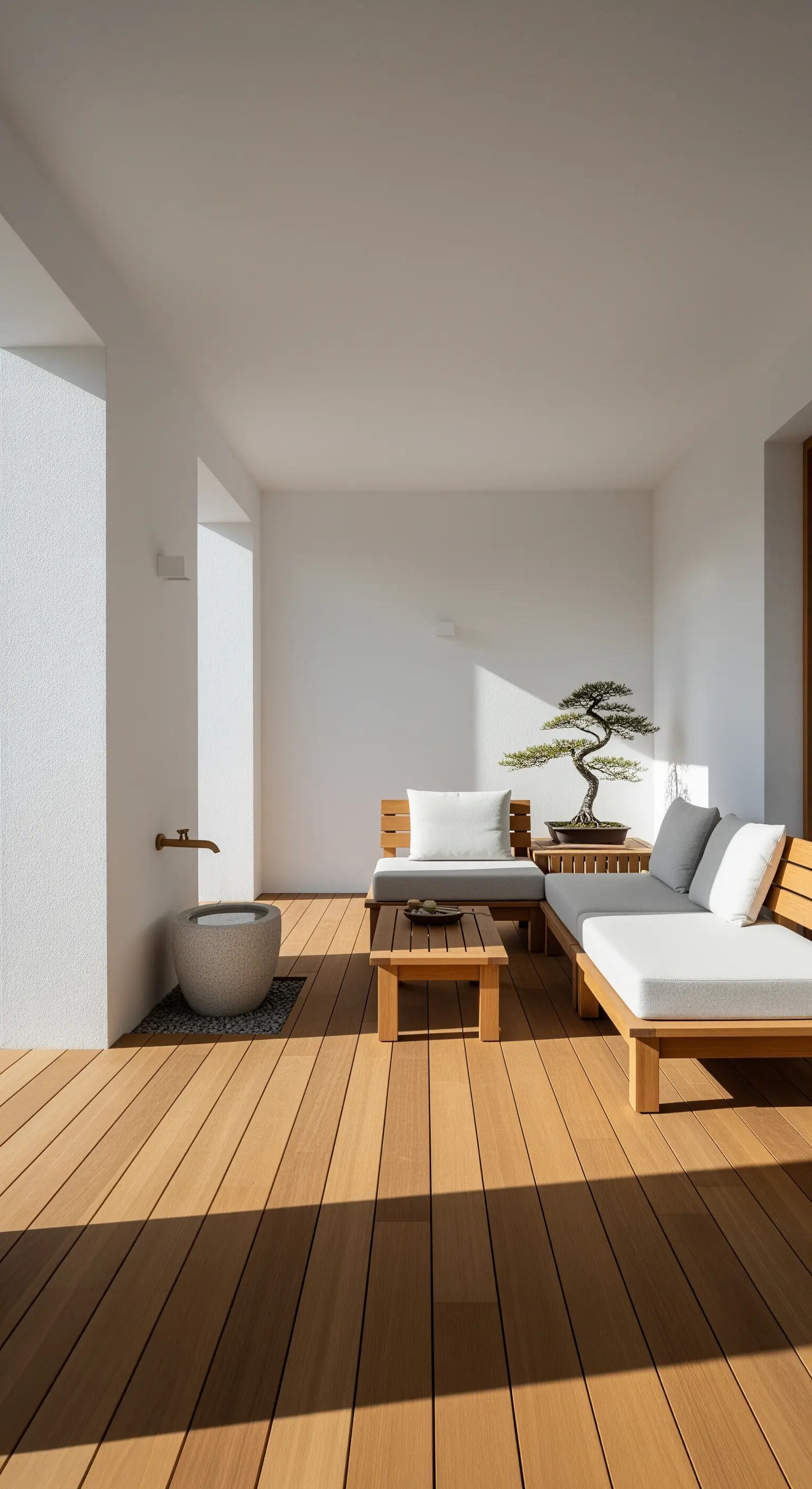 Japandi-Terrasse mit Holzmöbeln, Wasserspiel und Bonsai.