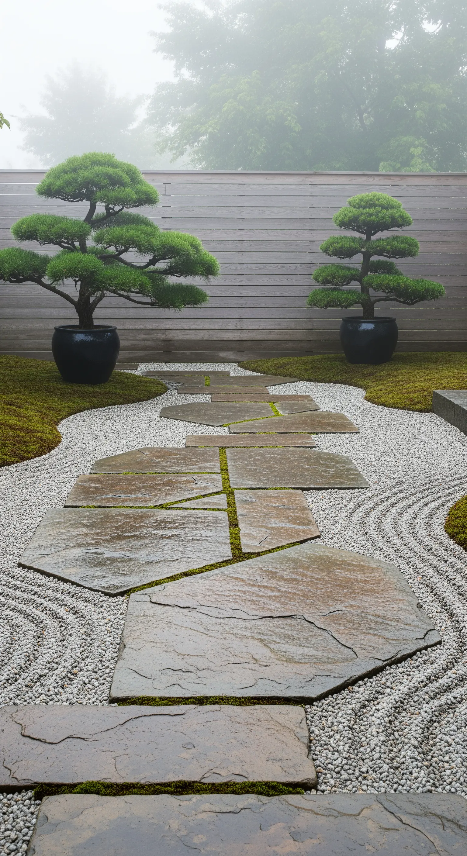 Japandi Gartenweg mit Trittsteinen, Kies, Moos und Föhren