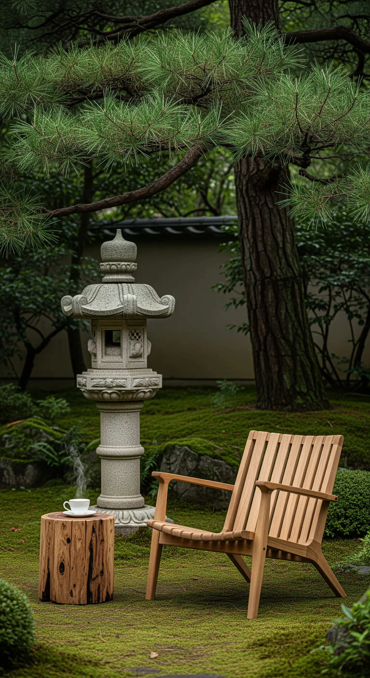 Zen-Garten Leseecke mit Holzstuhl und Steinlaterne