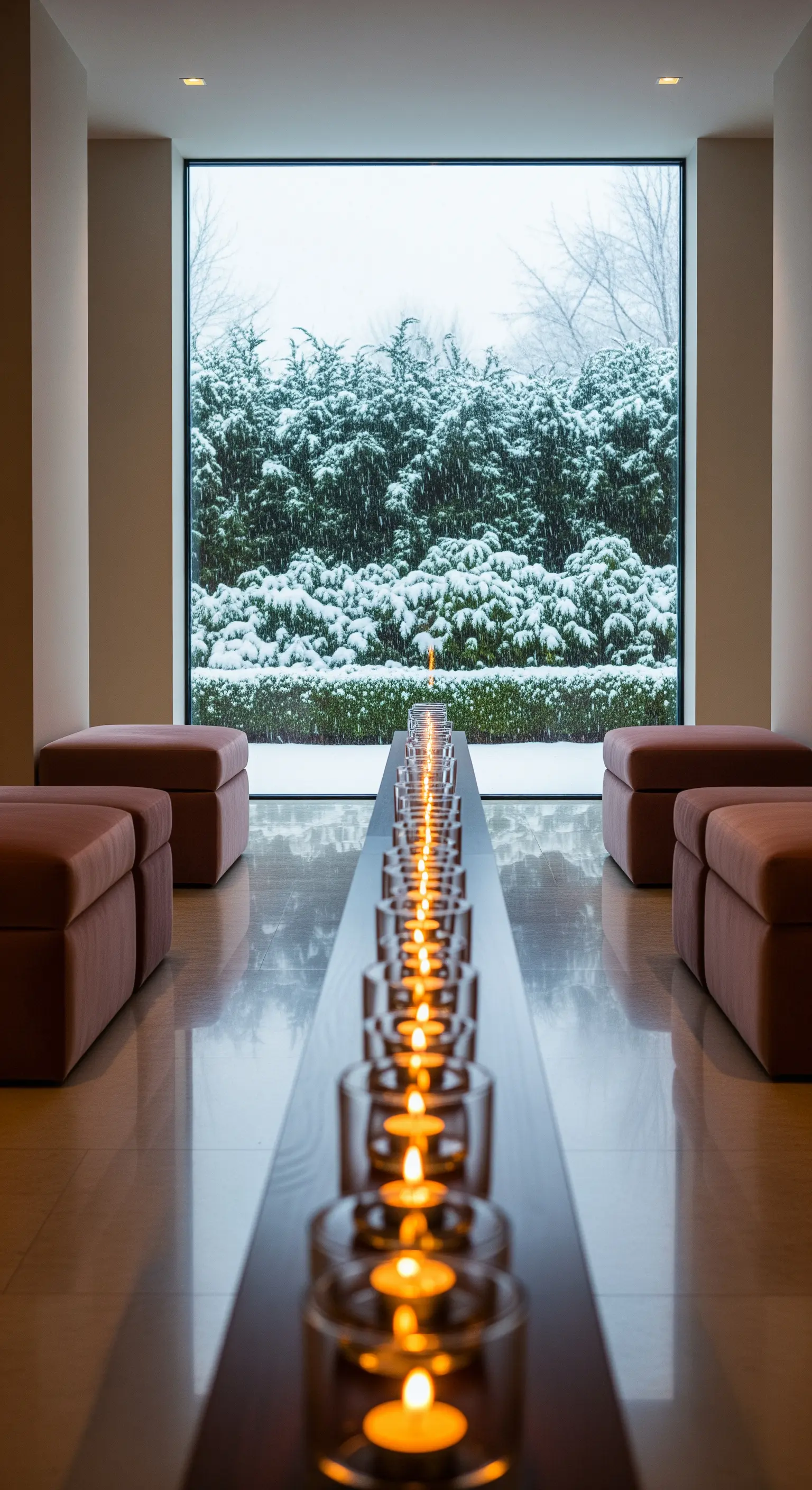 Panoramafenster mit Winterlandschaft, lange Kerzenreihe und rosa Sitzhocker