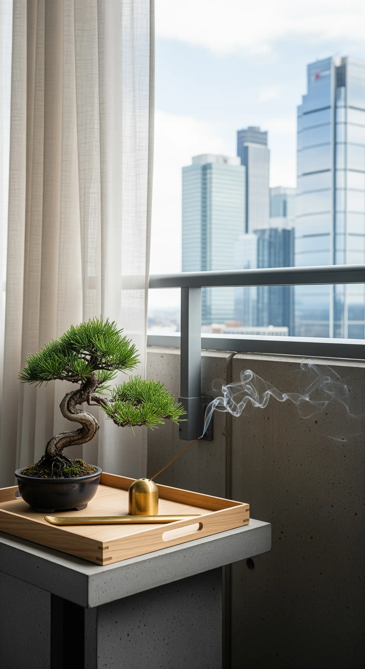 Bonsai auf Holztablett, Messing-Weihrauchgefäß auf Betontisch vor Skyline