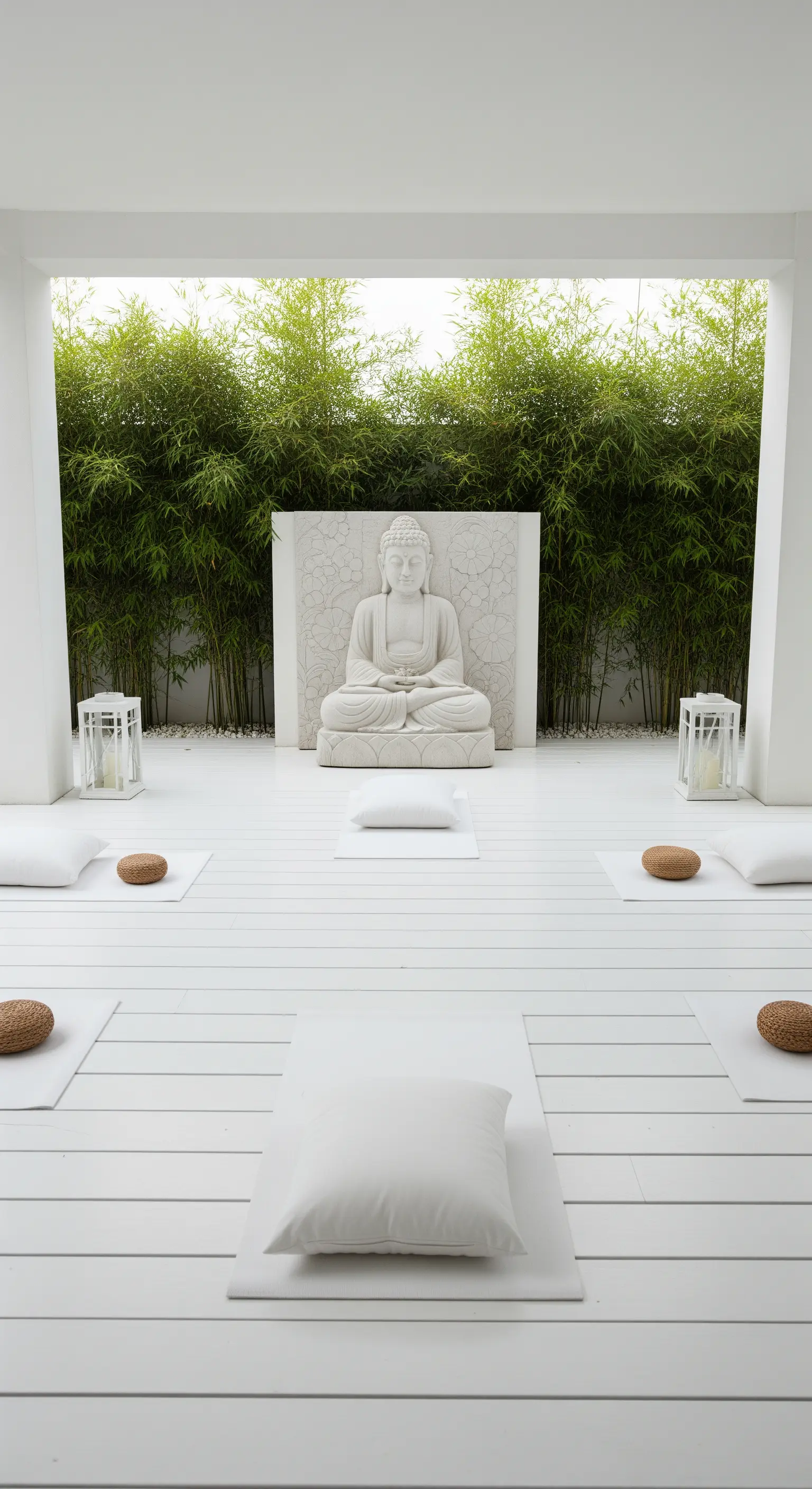 Zen-Raum mit Buddha-Statue, Meditationsmatten und Bambus