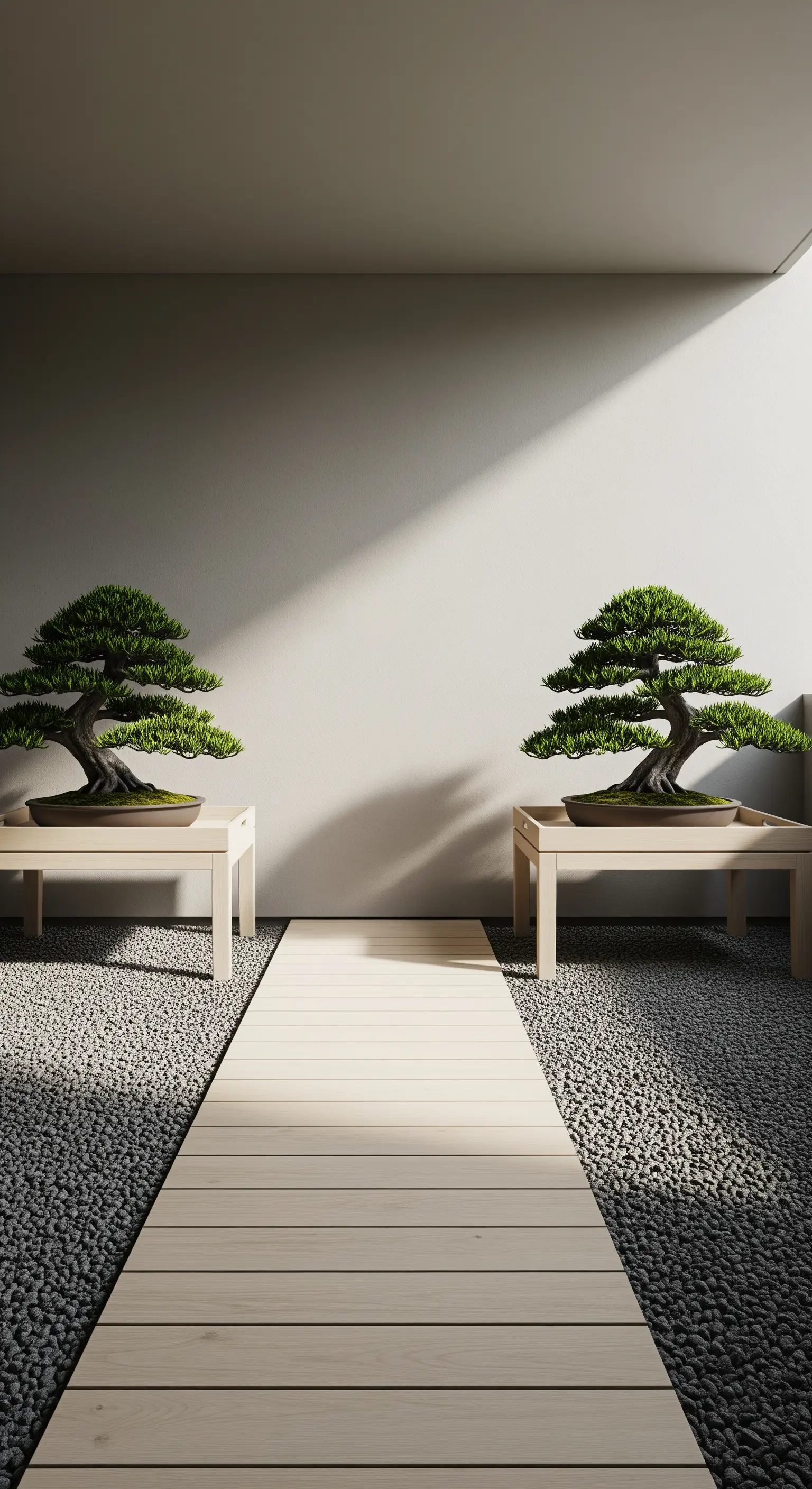 Holzpfad durch Kiesbett mit symmetrischen Bonsais auf Podesten