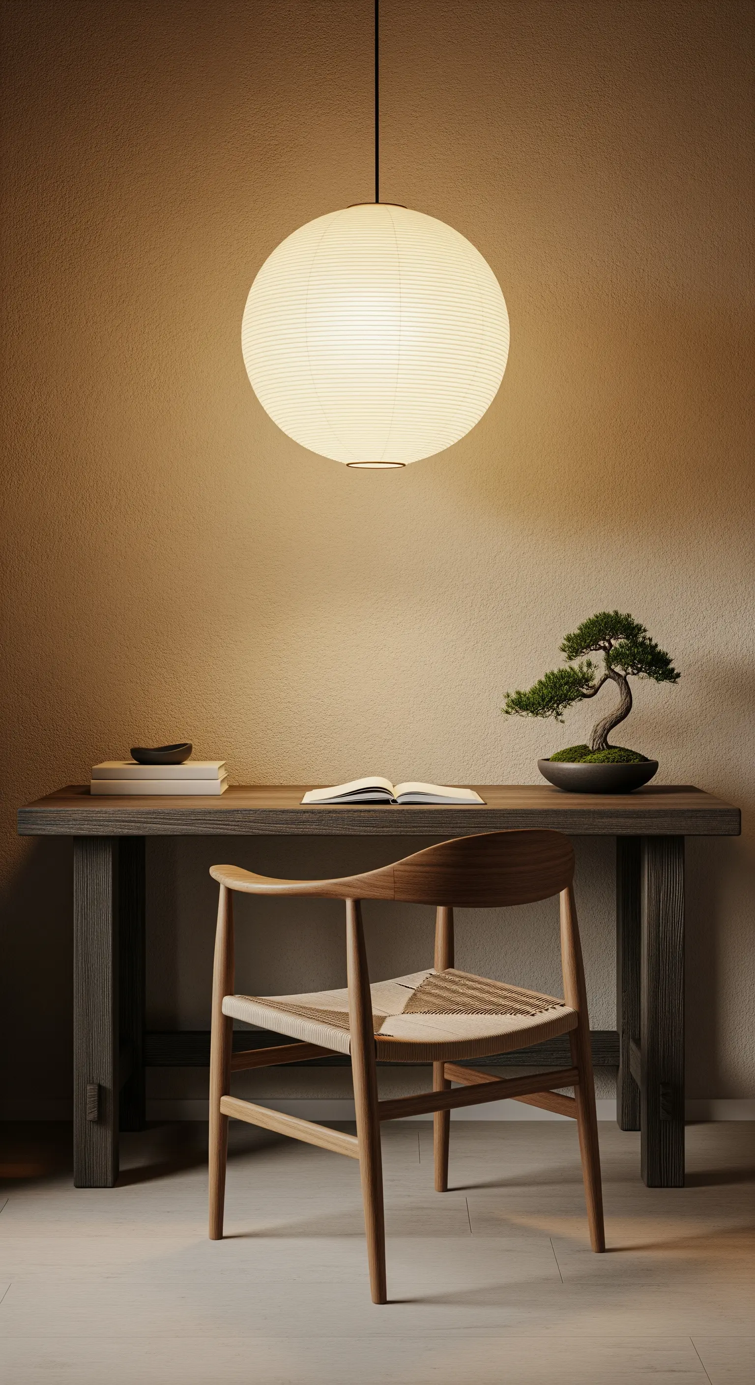 Japandi-Arbeitsplatz mit dunklem Holztisch, Papierlaterne und Bonsai-Baum.