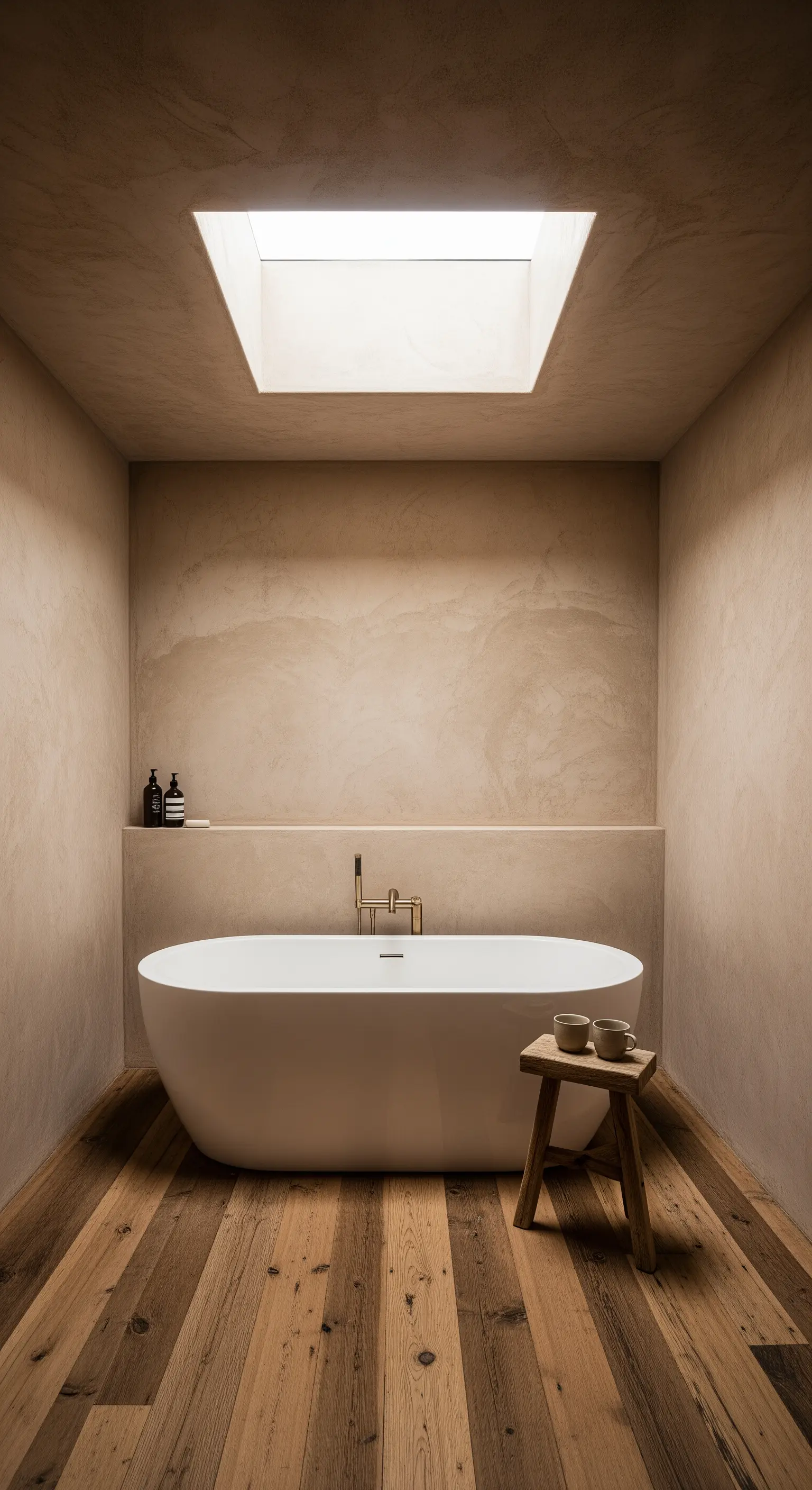 Minimalistisches Wabi-Sabi-Badezimmer mit Tadelakt-Wänden und rustikalem Holzboden.