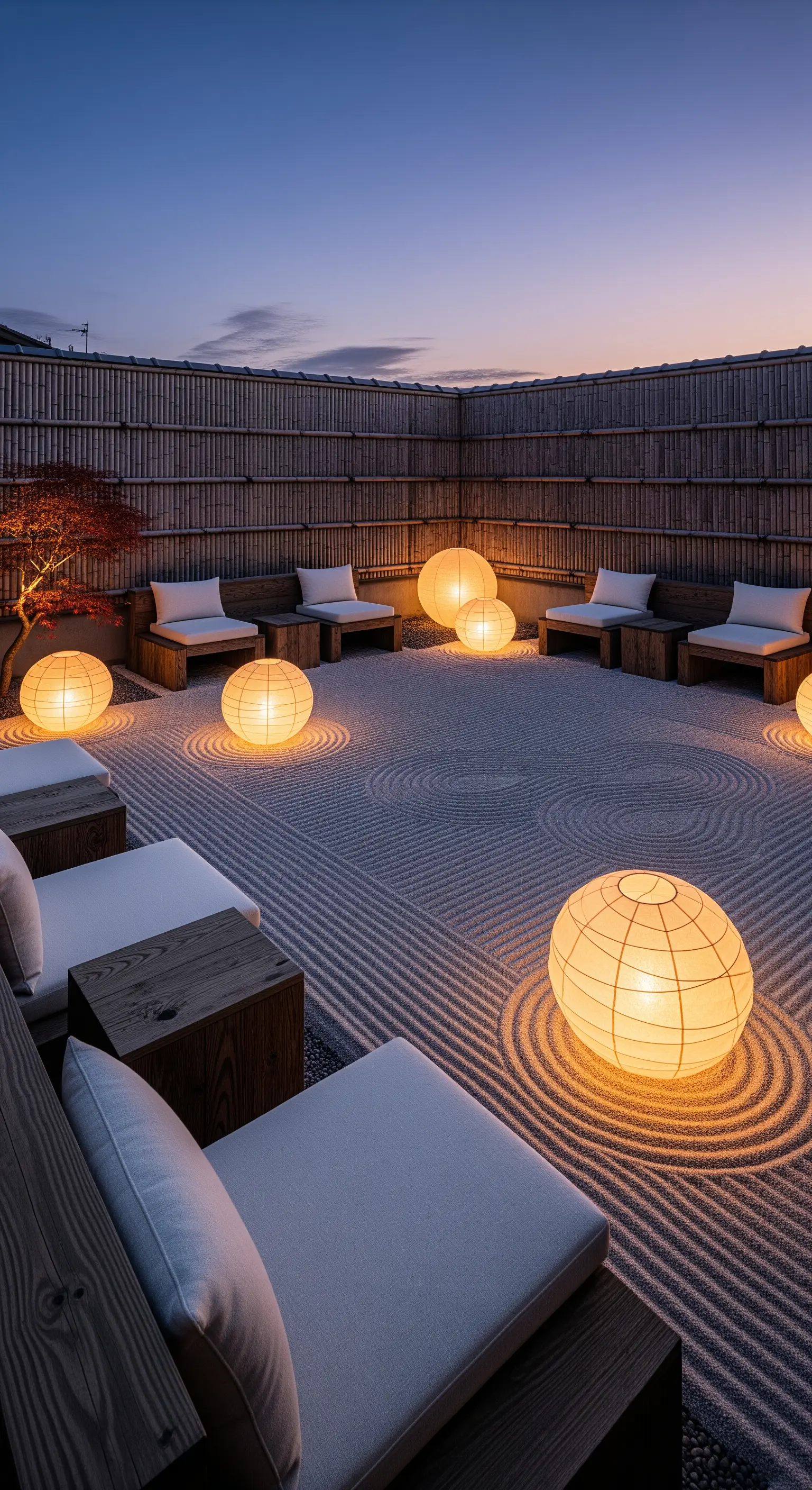 Meditative Sitzinsel mit sphärischen Papierlaternen in einem Zen-Garten bei Abenddämmerung