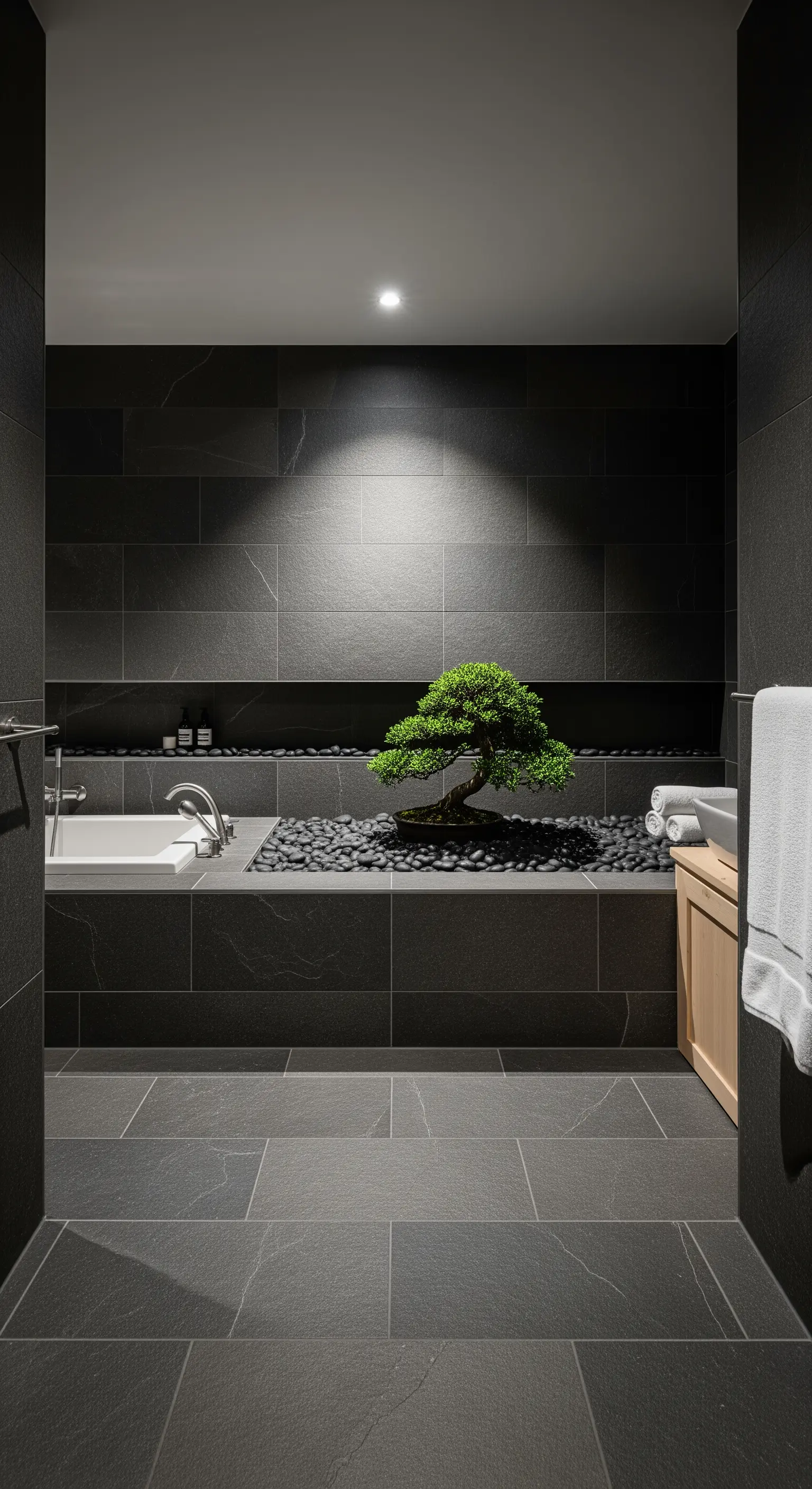 Schwarzes Schieferbad mit einer Nische, die als Mini-Zen-Garten mit Bonsai und Kieseln gestaltet ist.