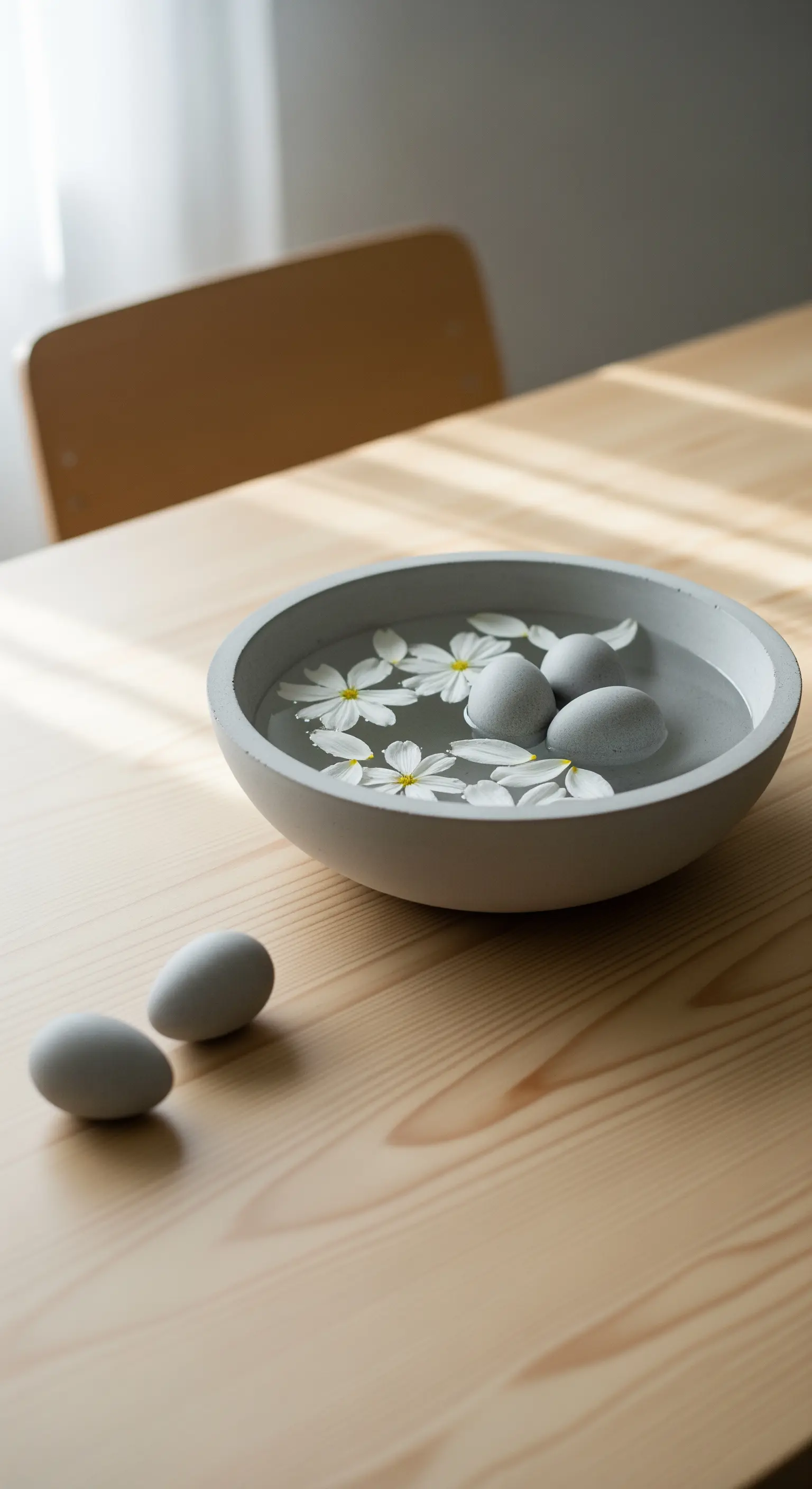 Eine Betonschale mit Wasser, in der graue Eier und weiße Blüten schwimmen