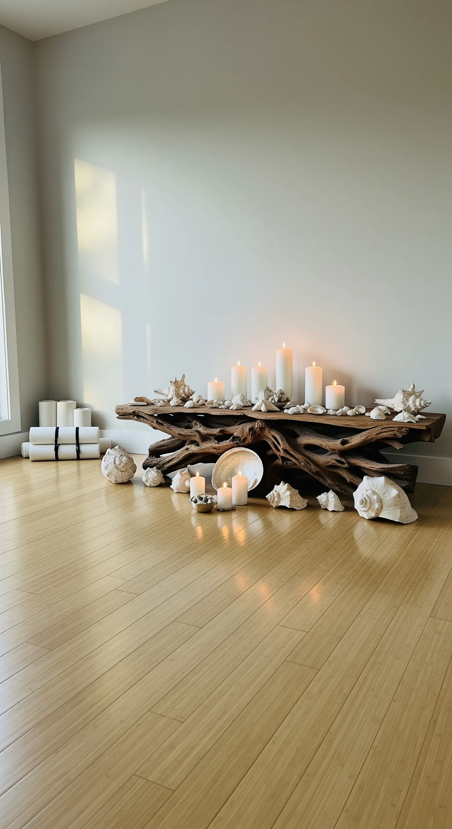 Treibholz-Konsole mit Kerzen und Muscheln als Meditations-Deko