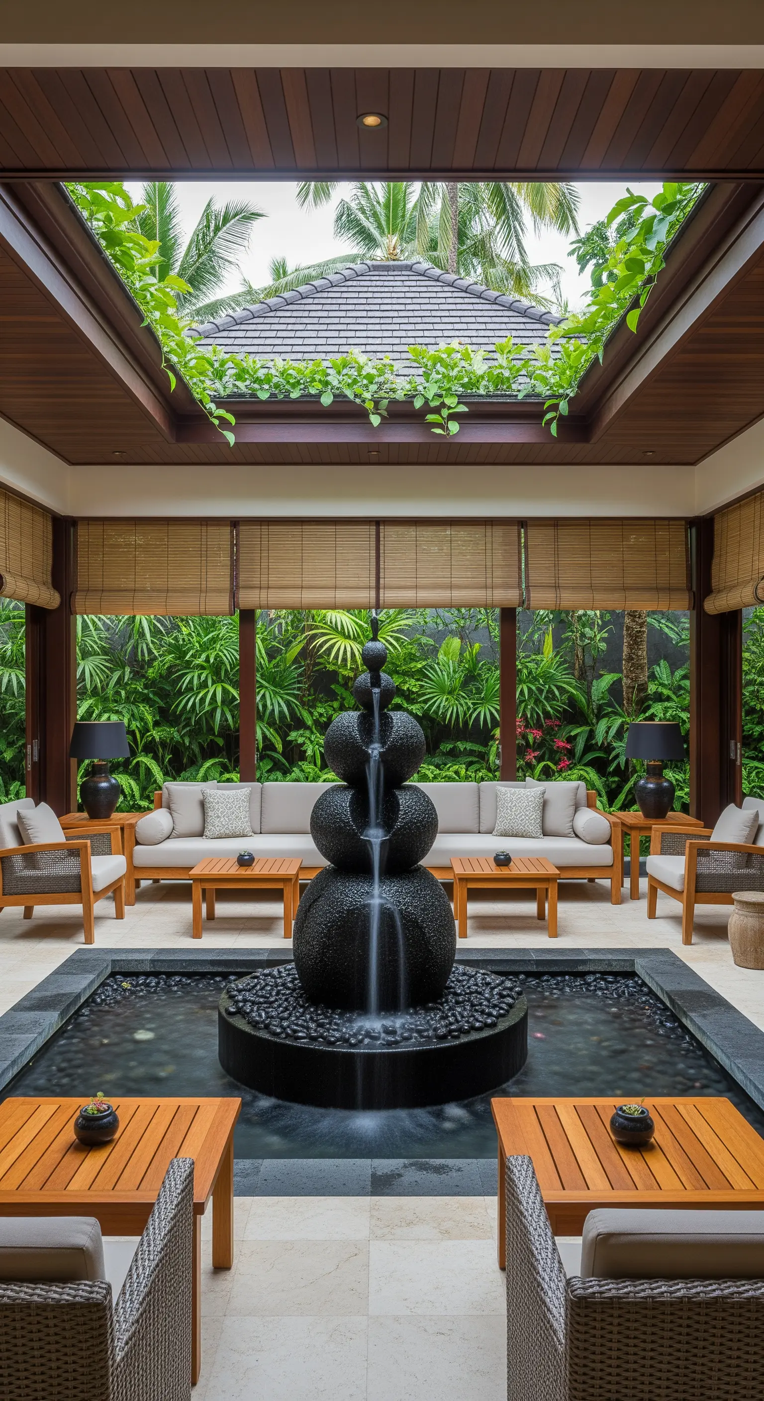 Skulpturaler Wasserbrunnen aus schwarzen Steinen als Zentrum eines tropischen Wohnraums.