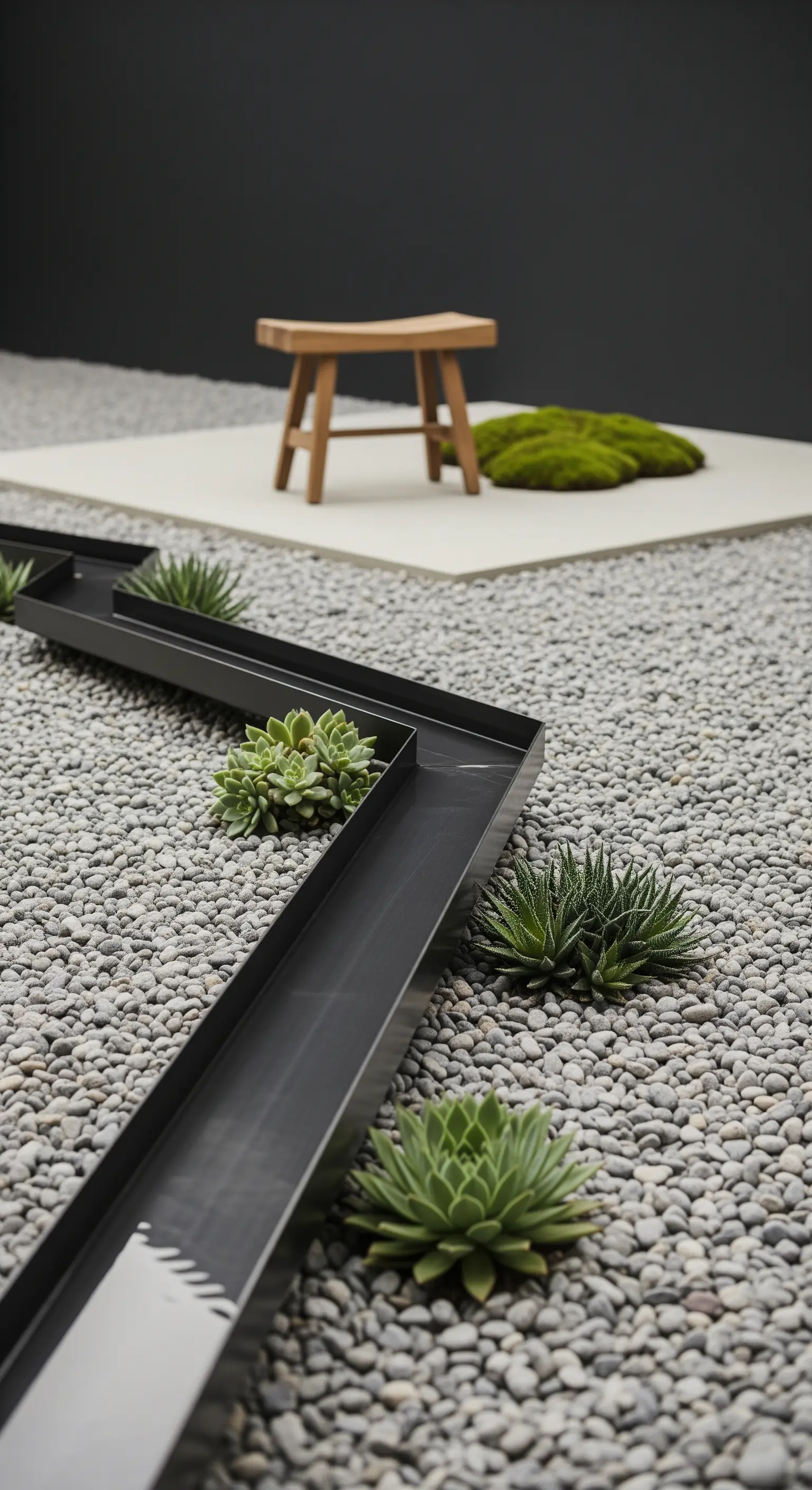 Wasserrinne, Sukkulenten, Kiesbett, Holzschemel