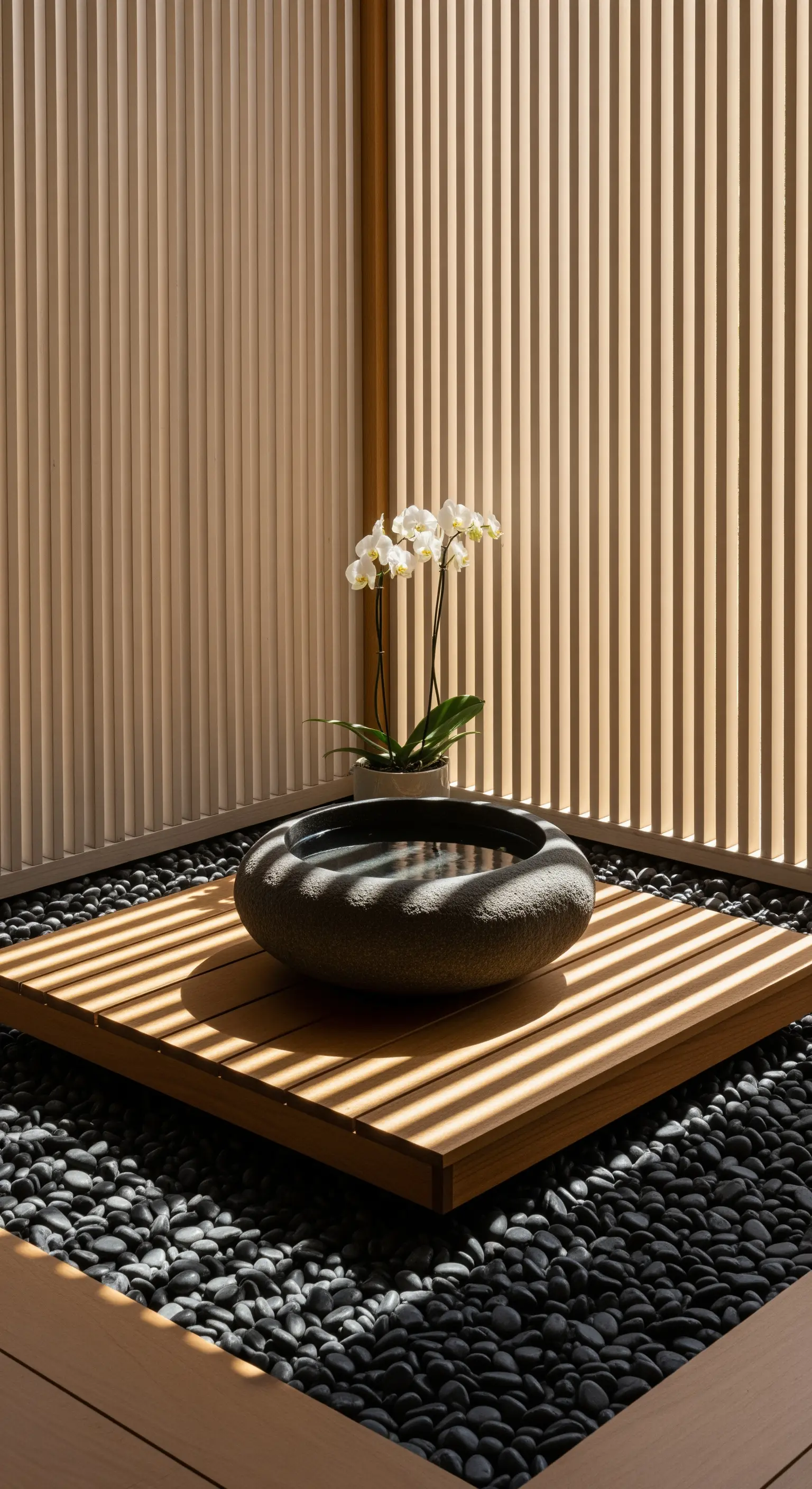Zen-Wasserschale auf Holzplattform mit Orchidee und Schattenwurf