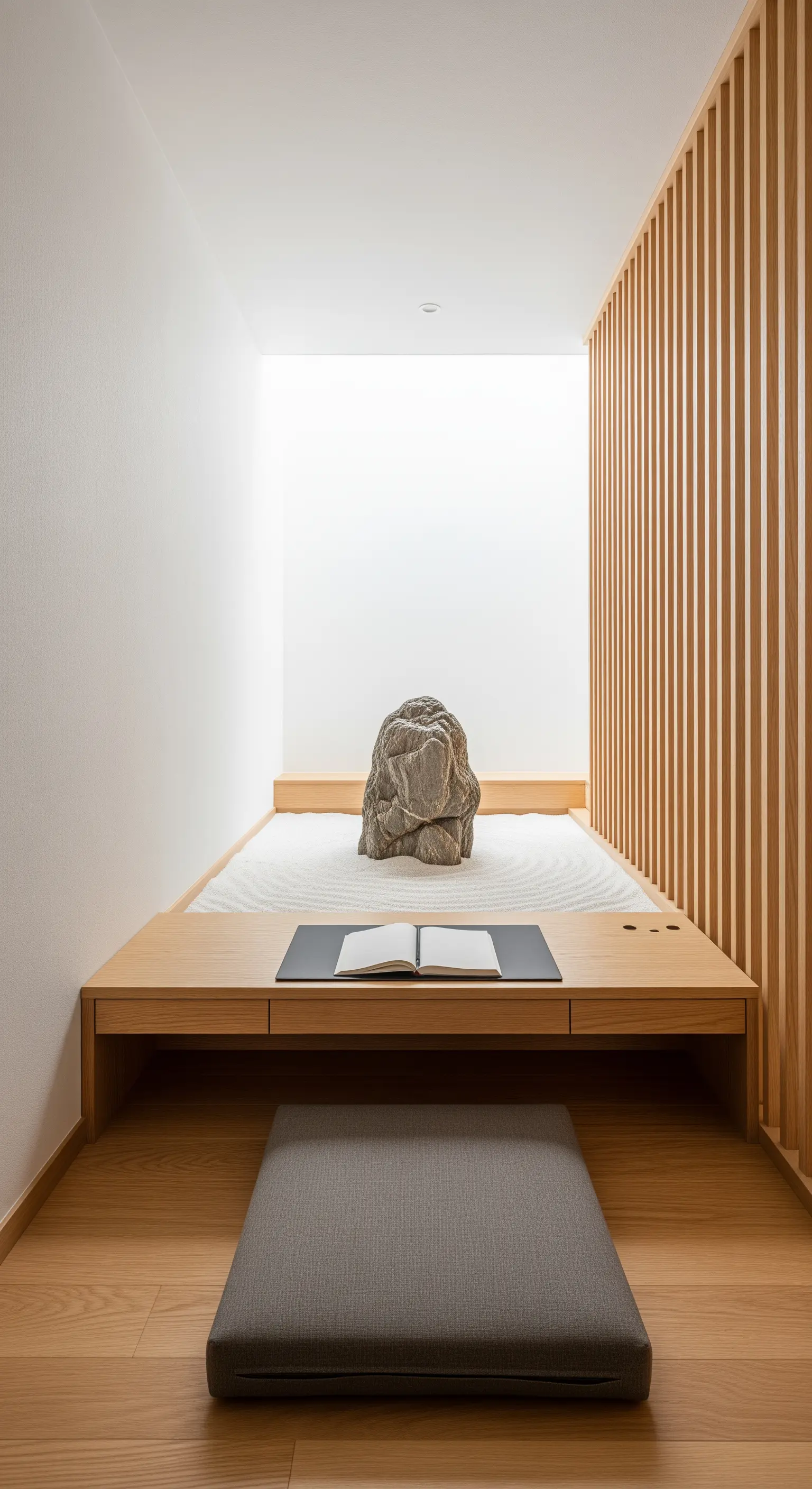 Minimalistischer Arbeitsplatz mit Blick auf einen kleinen Indoor-Zen-Garten