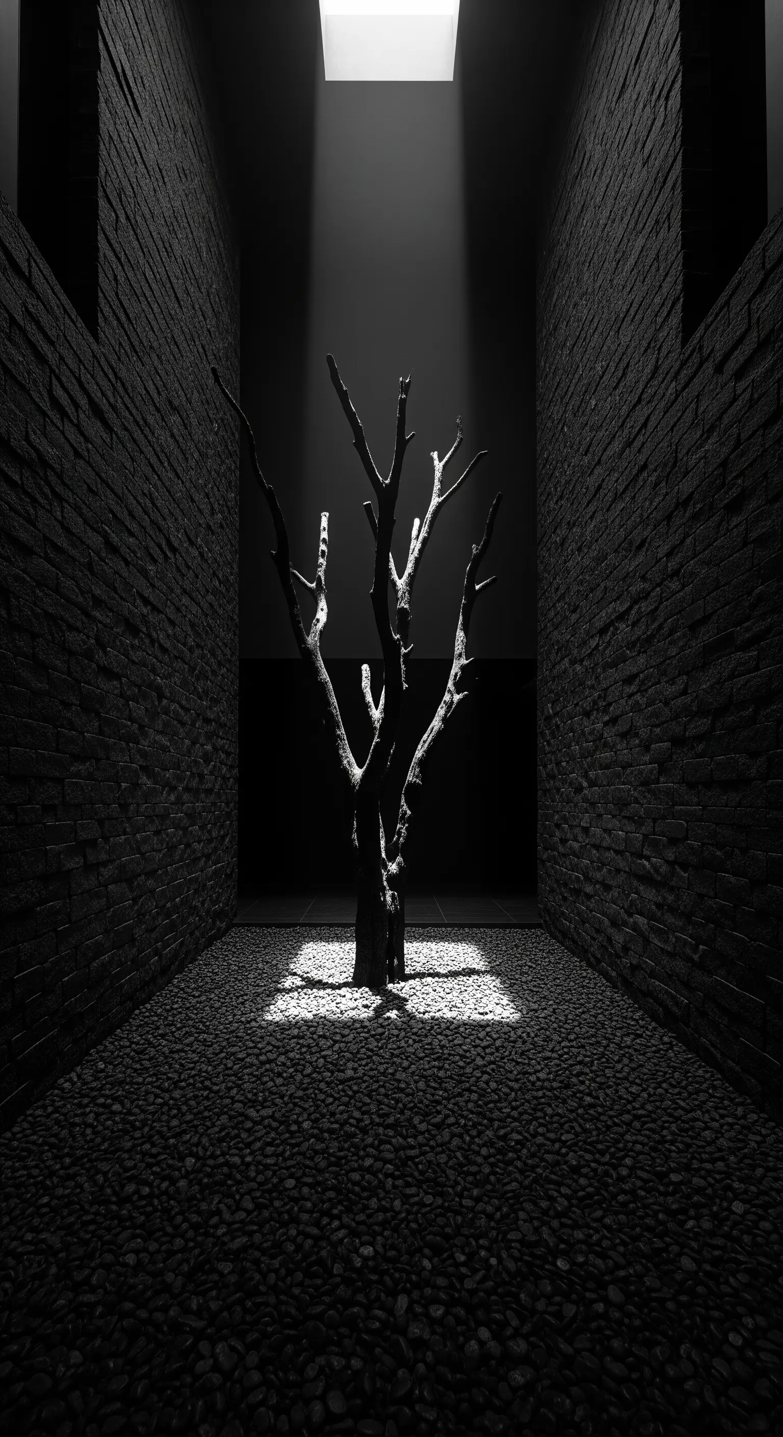 Meditativer Innenhof mit künstlichem Baum, dunklen Steinwänden und Lichtkegel