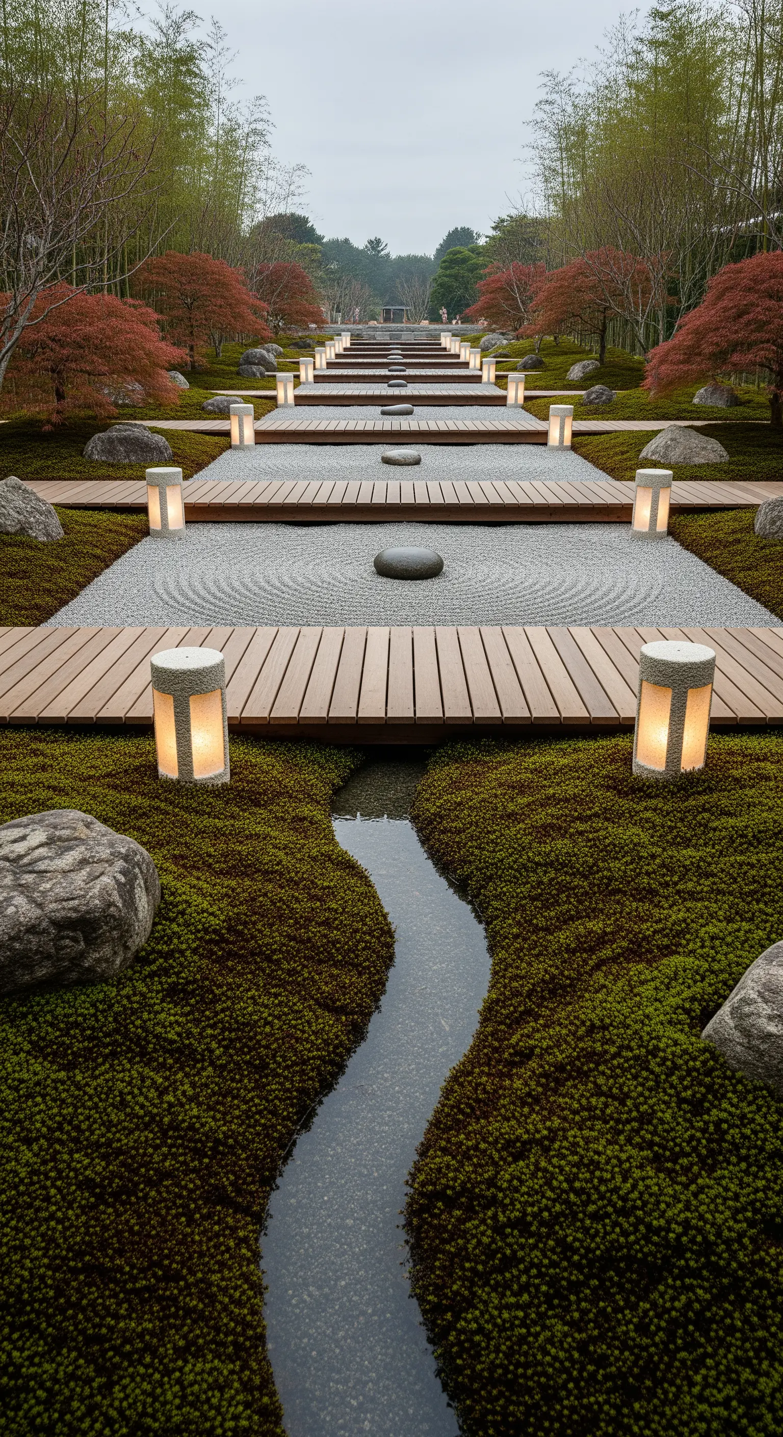 Kiesweg, Holzstege, Steinlaternen, Moosbeete