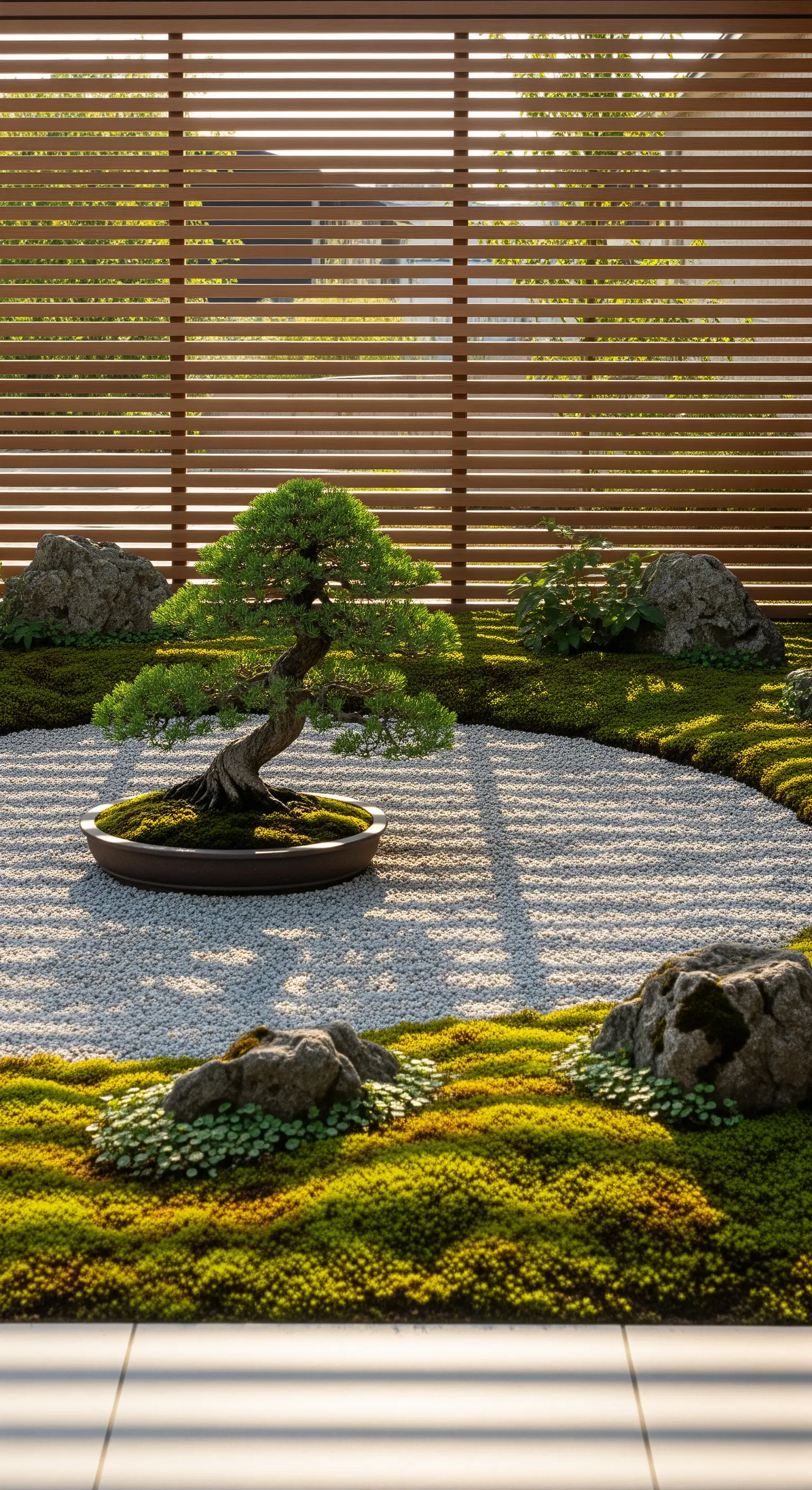 Meditativer Rundgarten mit Bonsai, rauchglasbedecktem Kies, Moosinseln und Holzzaun