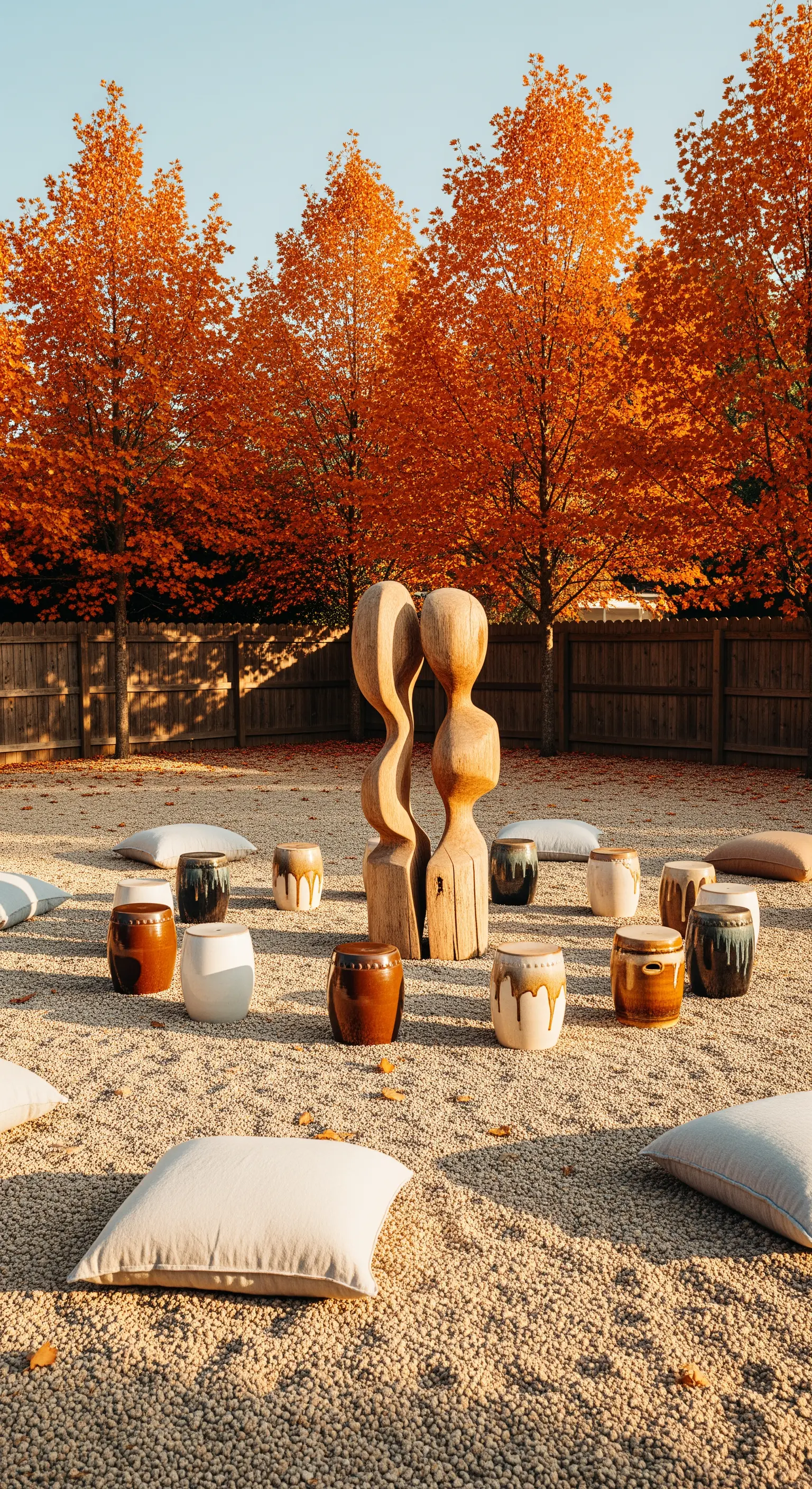 Japandi Sitzkreis mit Holzskulpturen, Keramikhockern und Kissen