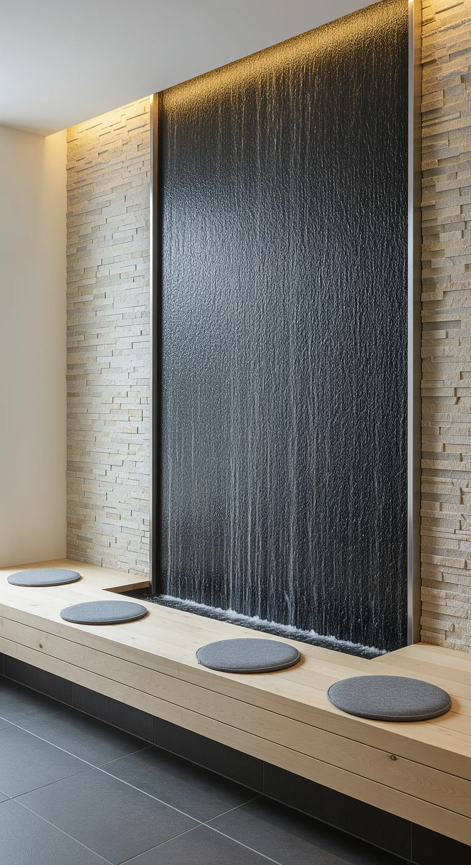 Moderne Indoor-Wasserwand mit einer langen Holzbank und Sitzkissen davor