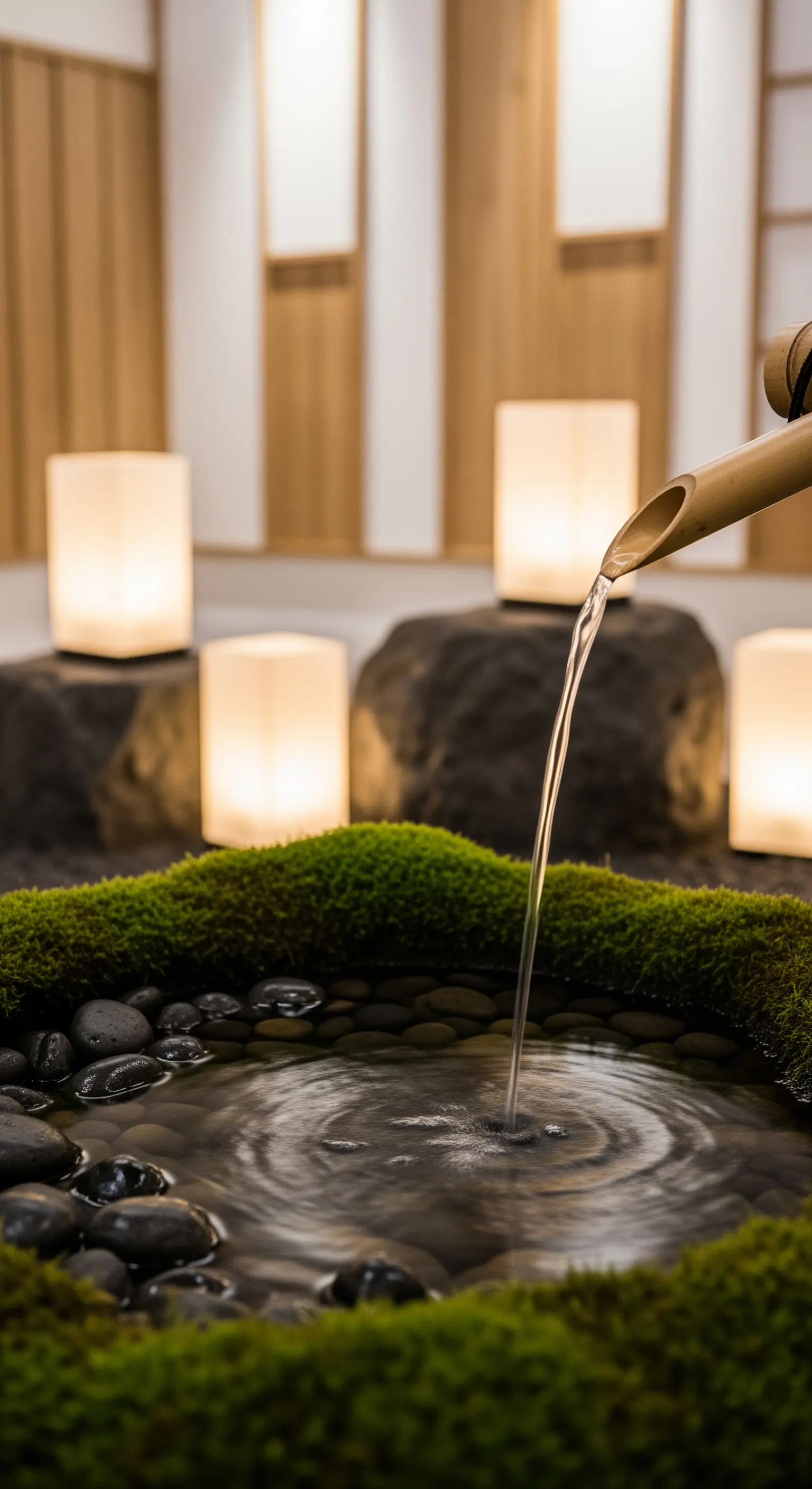 Bambus-Wasserspiel in einem Moosbecken mit Kieselsteinen und indirekter Laternenbeleuchtung