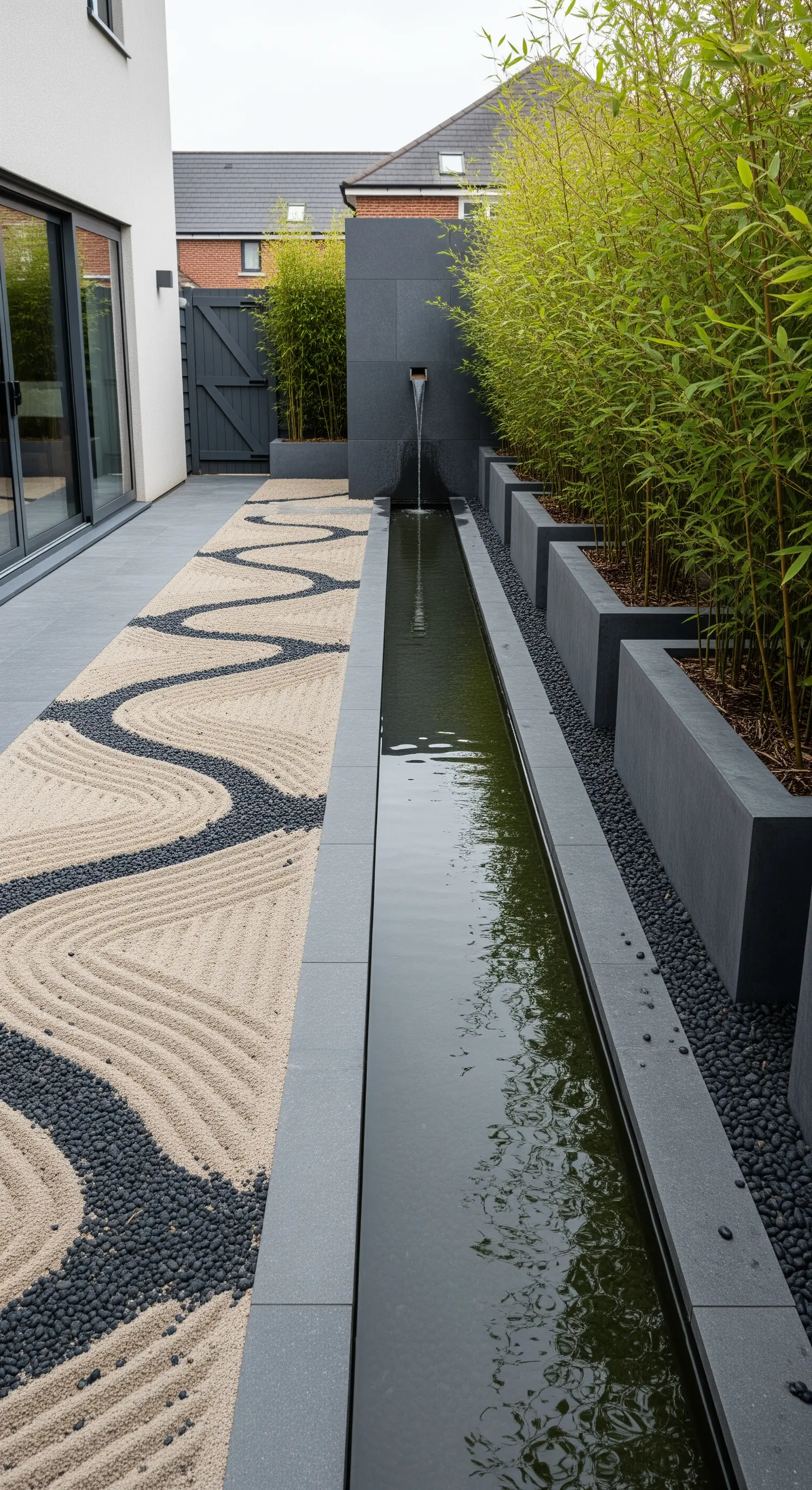Schmaler Zen-Garten mit Sandmustern, dunklen Kieselsteinen und elegantem Wasserbecken