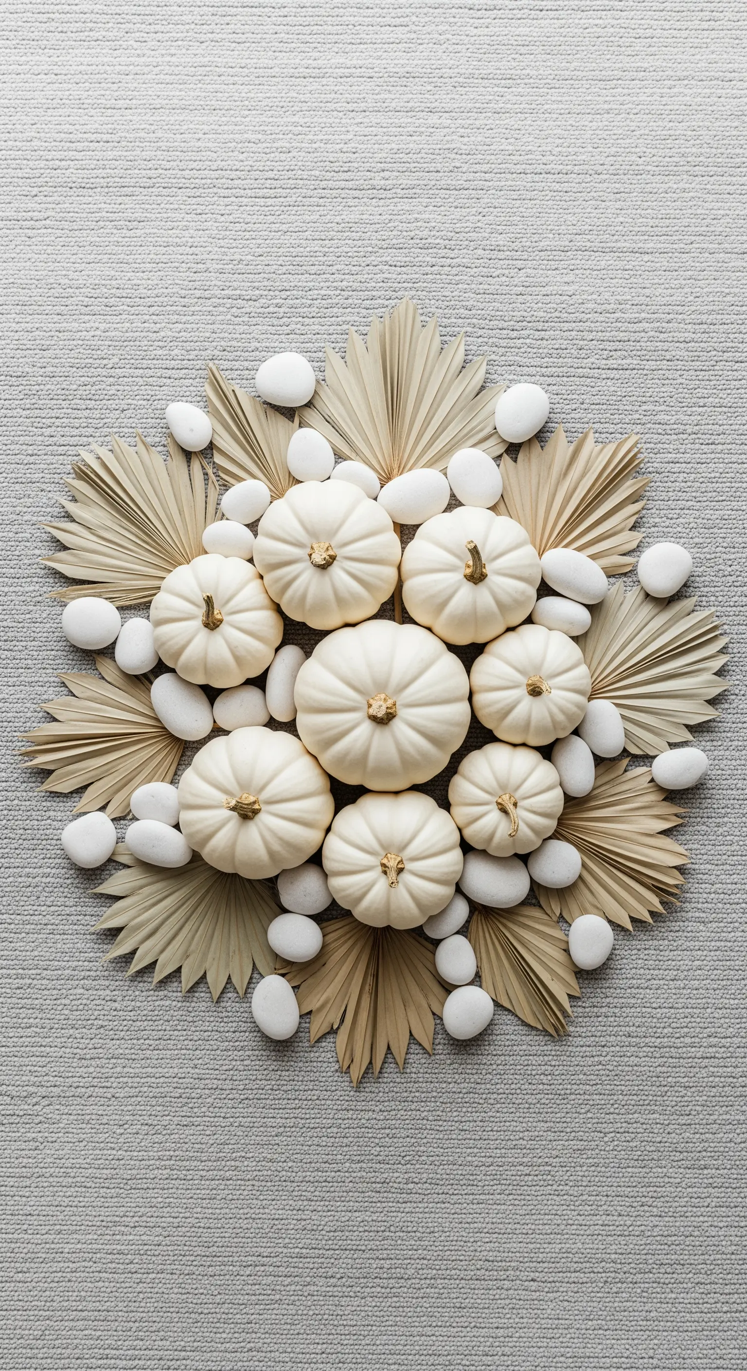 Flat Lay von weißen Kürbissen, getrockneten Palmblättern und weißen Kieselsteinen
