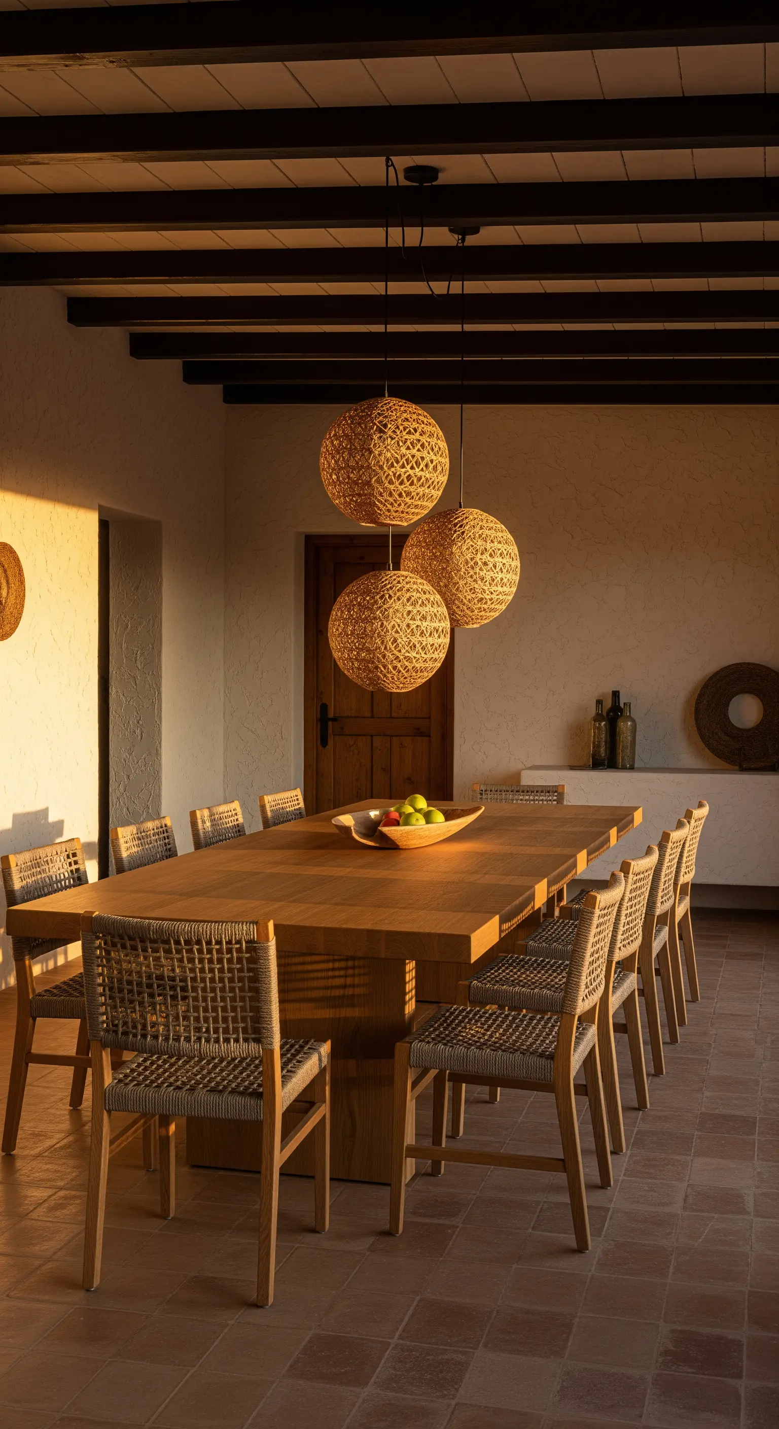 Outdoor-Essbereich, drei kugelförmige Rattan-Leuchten, Holztisch, Sonnenuntergang