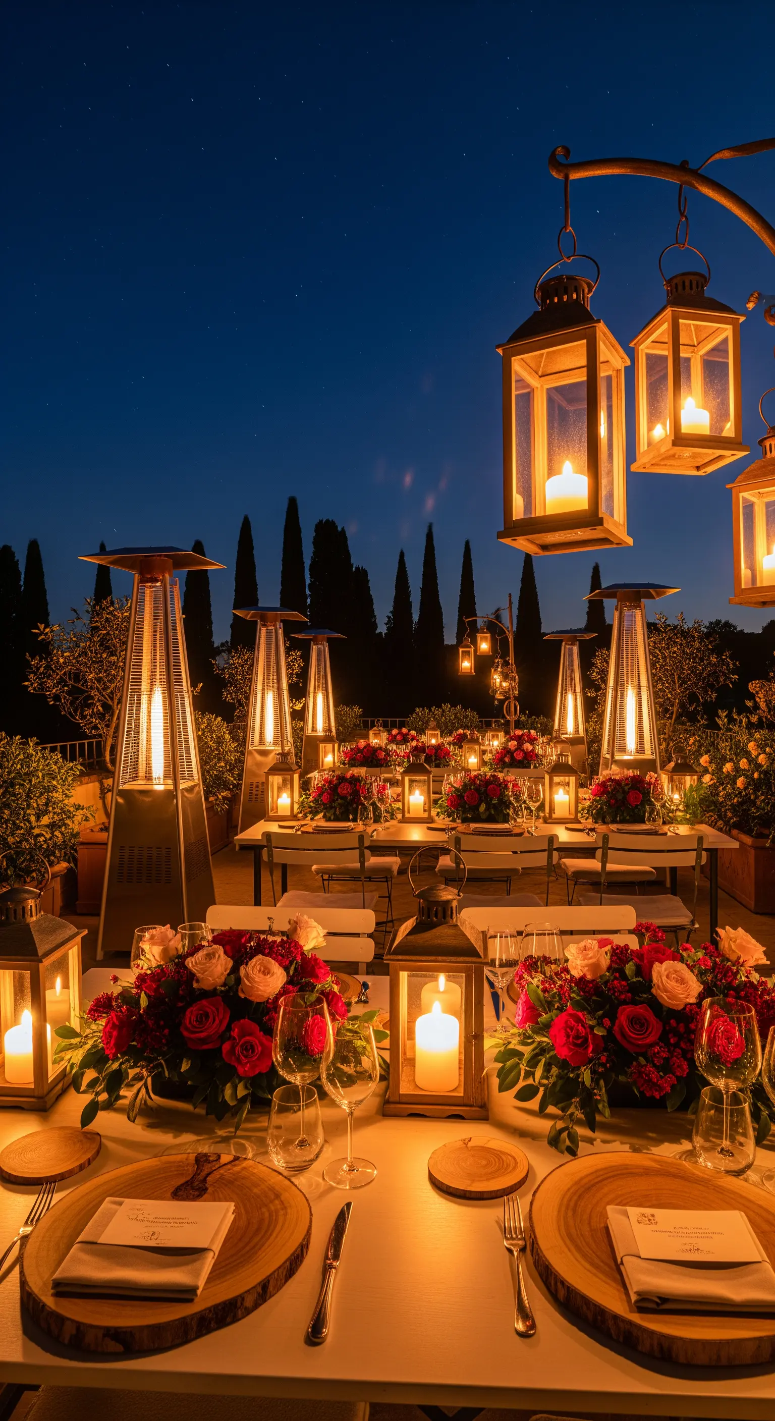 Abendtafel im Freien mit Laternen, Kerzen, Rosenarrangements und Patio-Heatern