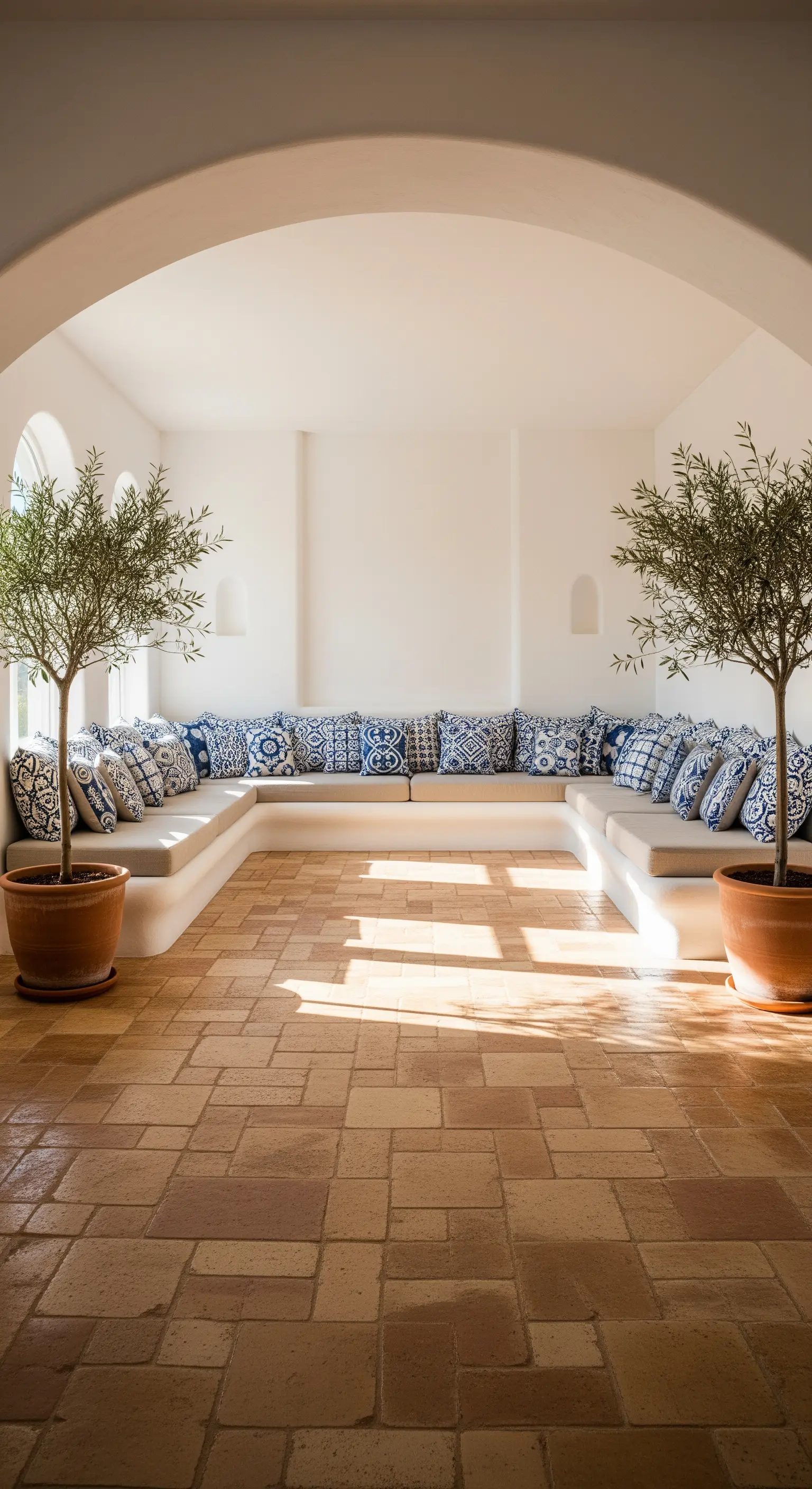 Mediterraner Raum mit Terrakotta-Boden, blau gemusterten Kissen und Olivenbäumen.