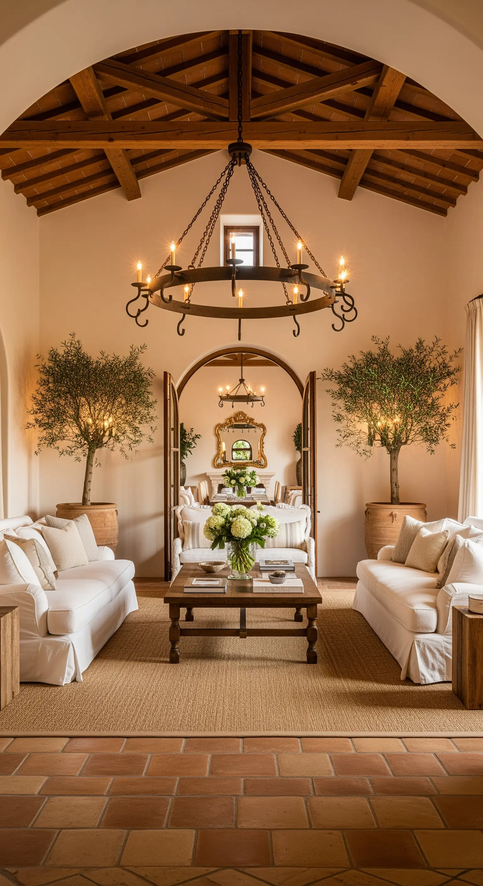 Rustikaler Kronleuchter aus Schmiedeeisen in einem Wohnzimmer im mediterranen Stil mit Terrakottaboden.