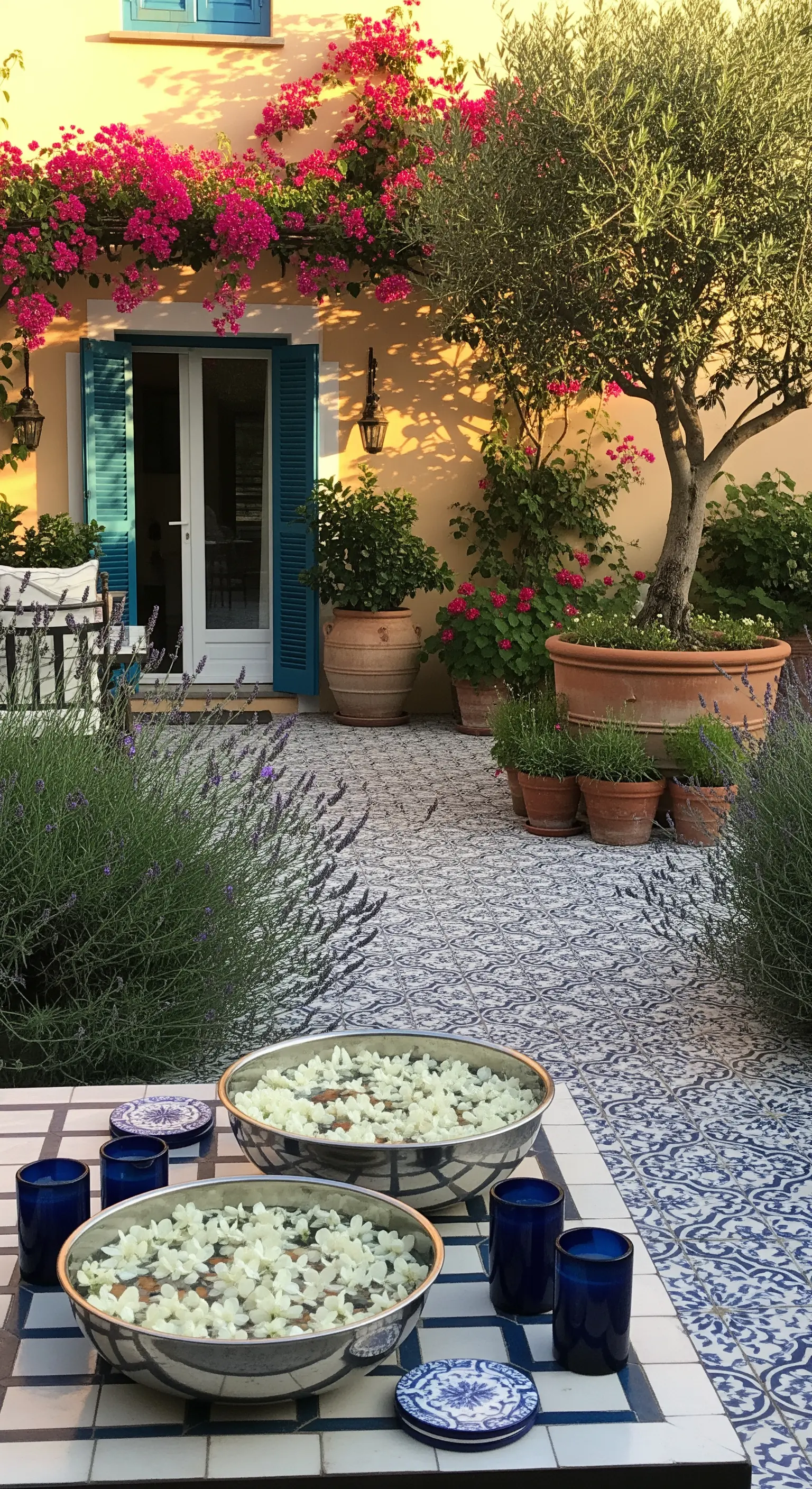 Tisch mit blau-weißen Fliesen, großen Schalen mit Blüten und blauen Gläsern im mediterranen Garten.