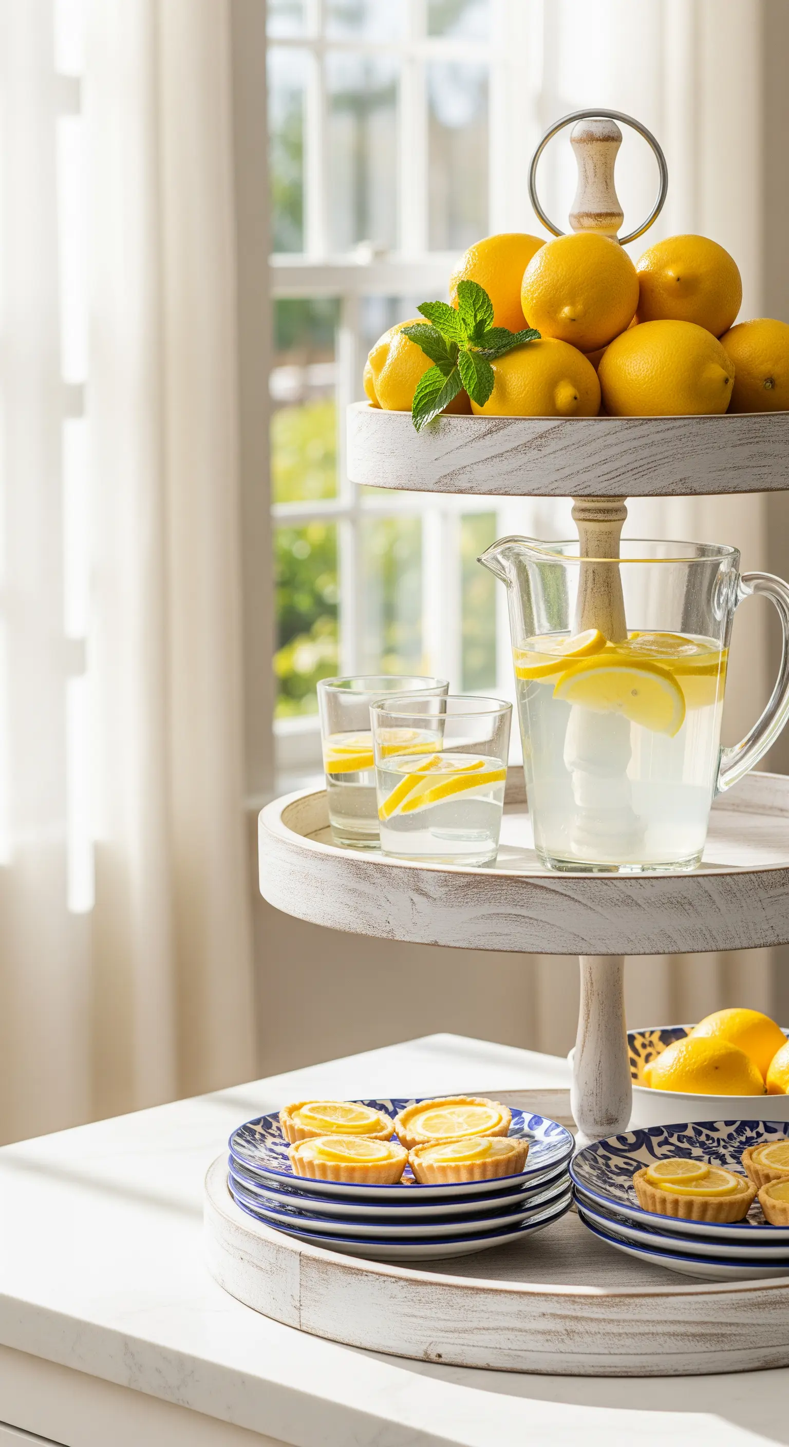 Weiße Holz-Etagere mit Zitronen, Limonade und kleinen Törtchen in heller Küche.