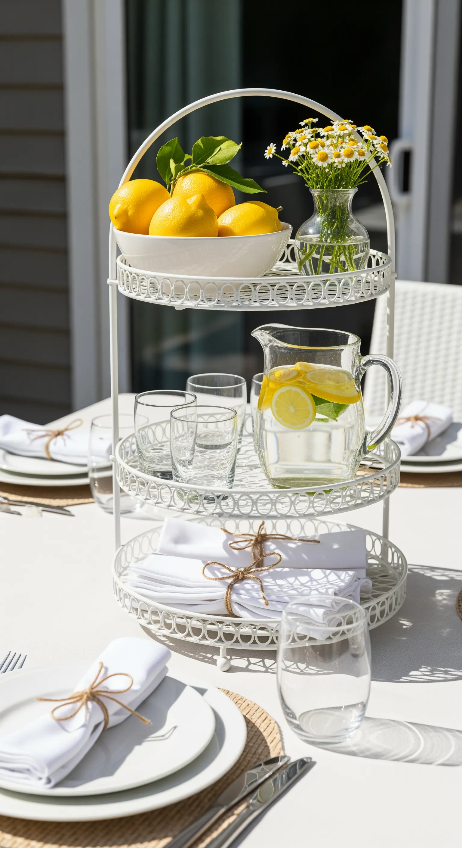Weiße, dreistöckige Metall-Etagere auf einem Gartentisch, dekoriert mit Zitronen und Wassergläsern.
