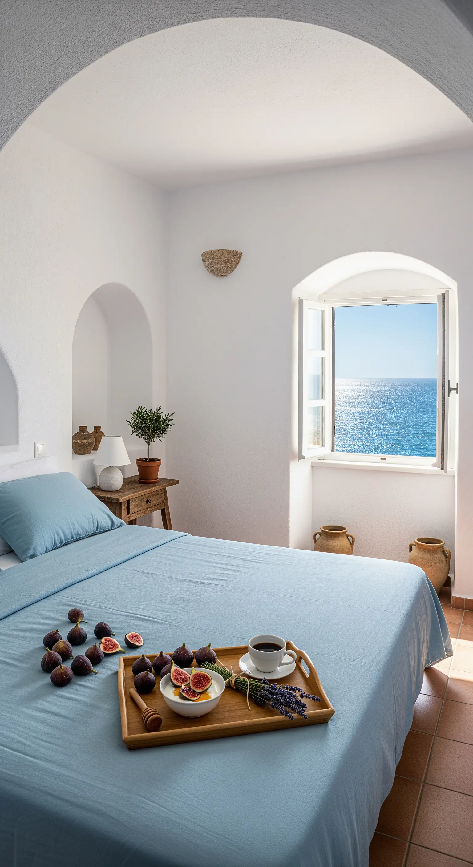 Mediterranes Frühstück mit Meerblick, Feigen, Lavendel und blauer Bettwäsche
