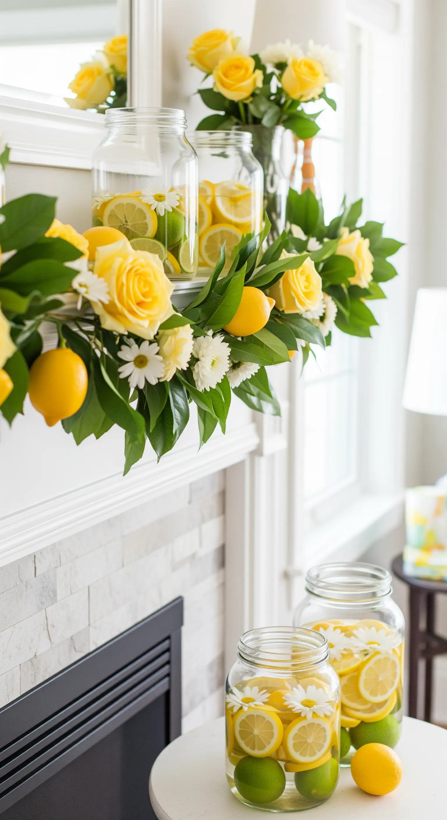 Frühlingsgirlande aus gelben Rosen und Zitronen auf einem weißen Kaminsims.