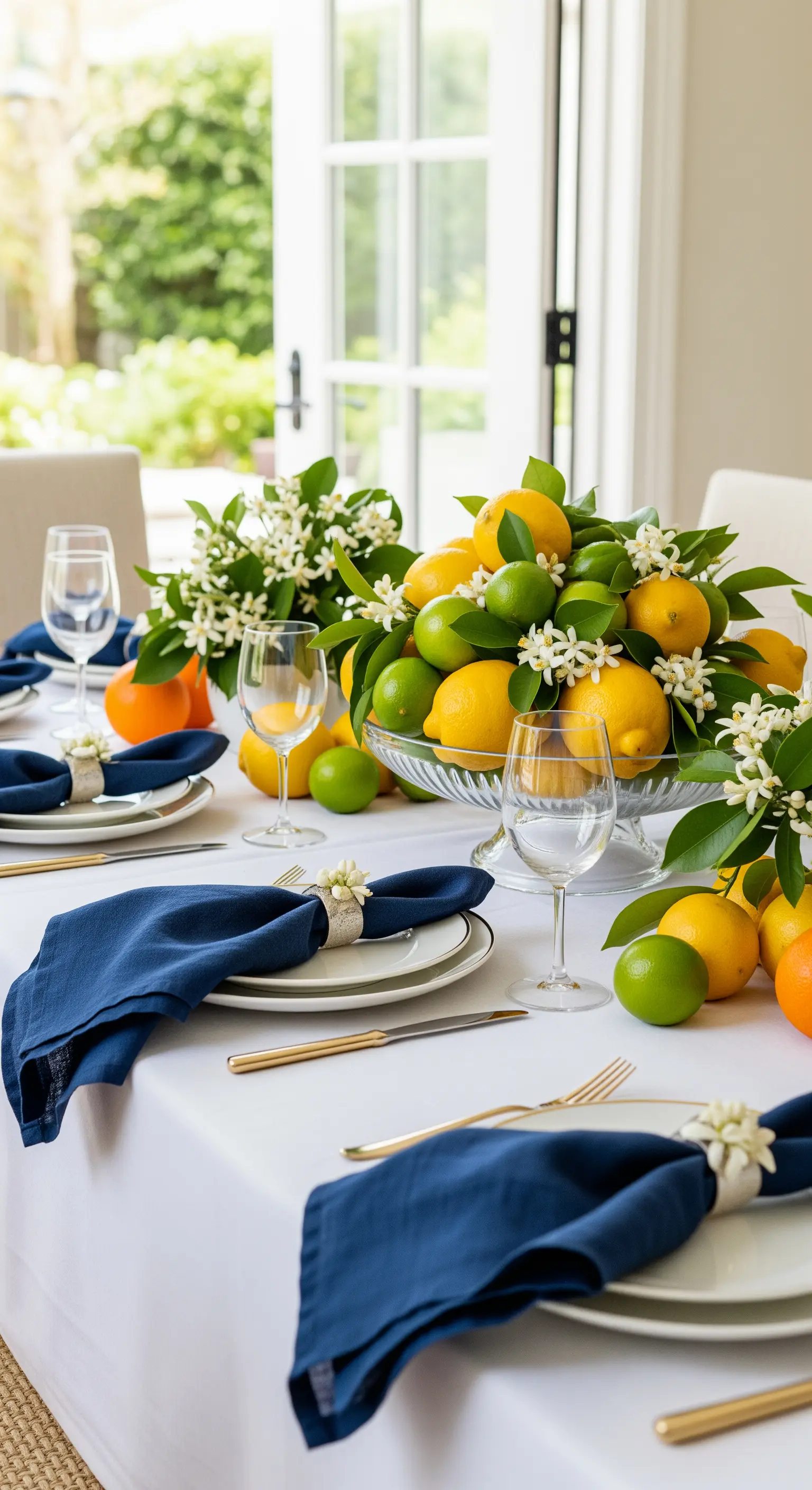 Tischdeko mit Zitronen, Limetten und weißen Blüten in einer großen Glasschale
