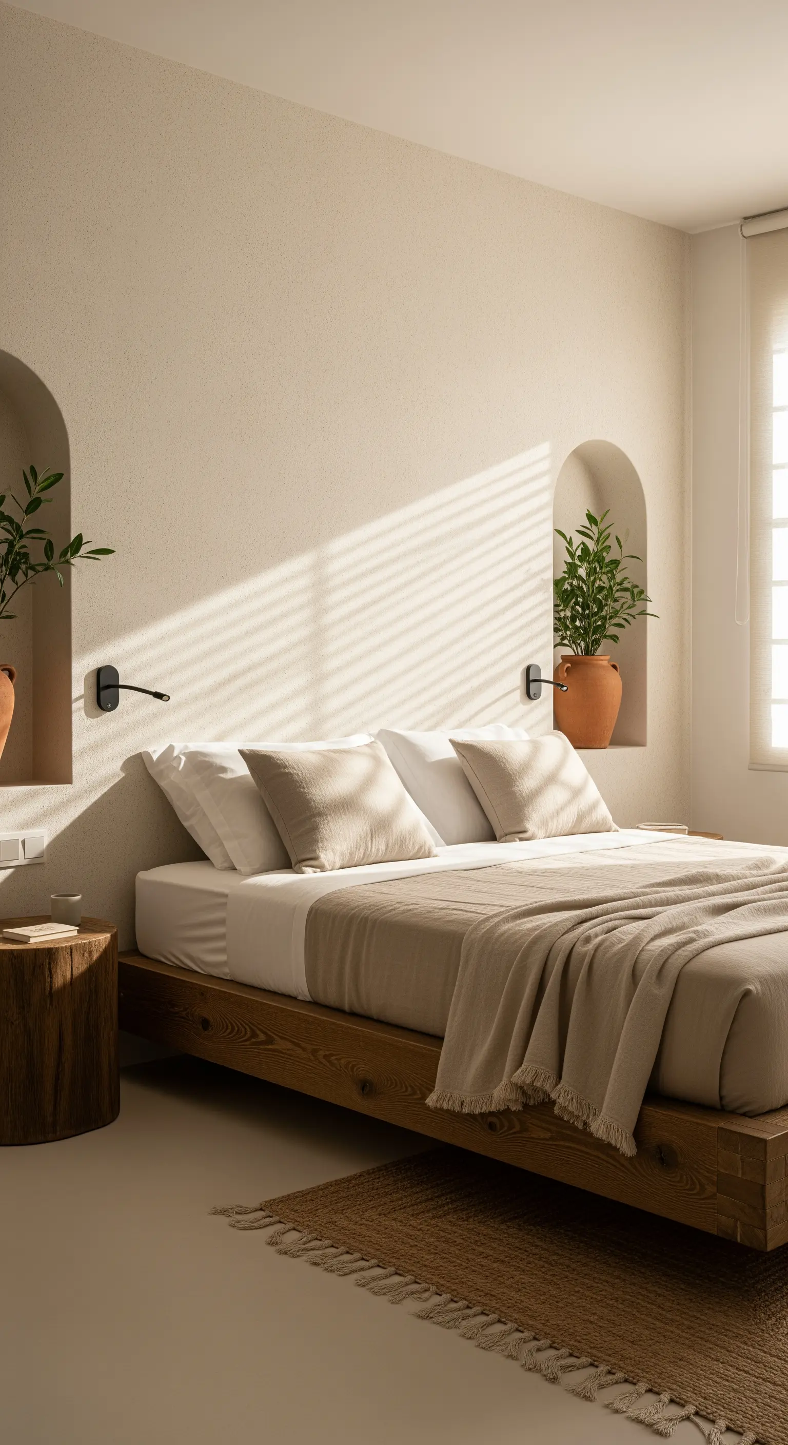 Minimalistisches Schlafzimmer im mediterranen Stil mit Putz-Optik-Tapete und Wandnischen.