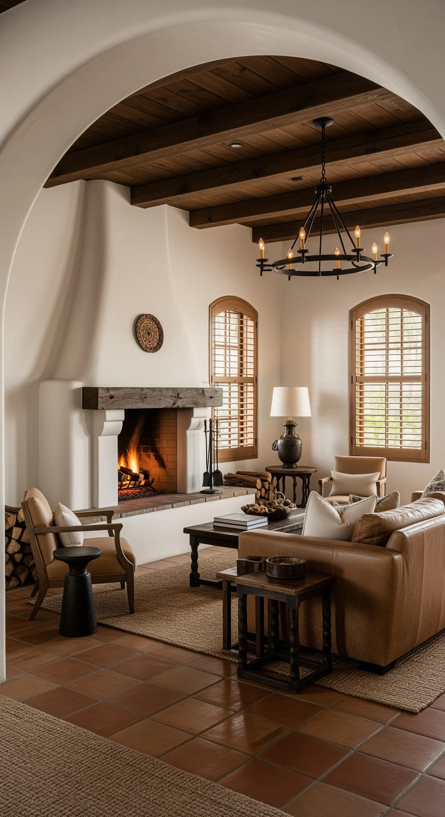 Wohnzimmer im mediterranen Stil mit verputztem Kamin und Holzbalken.