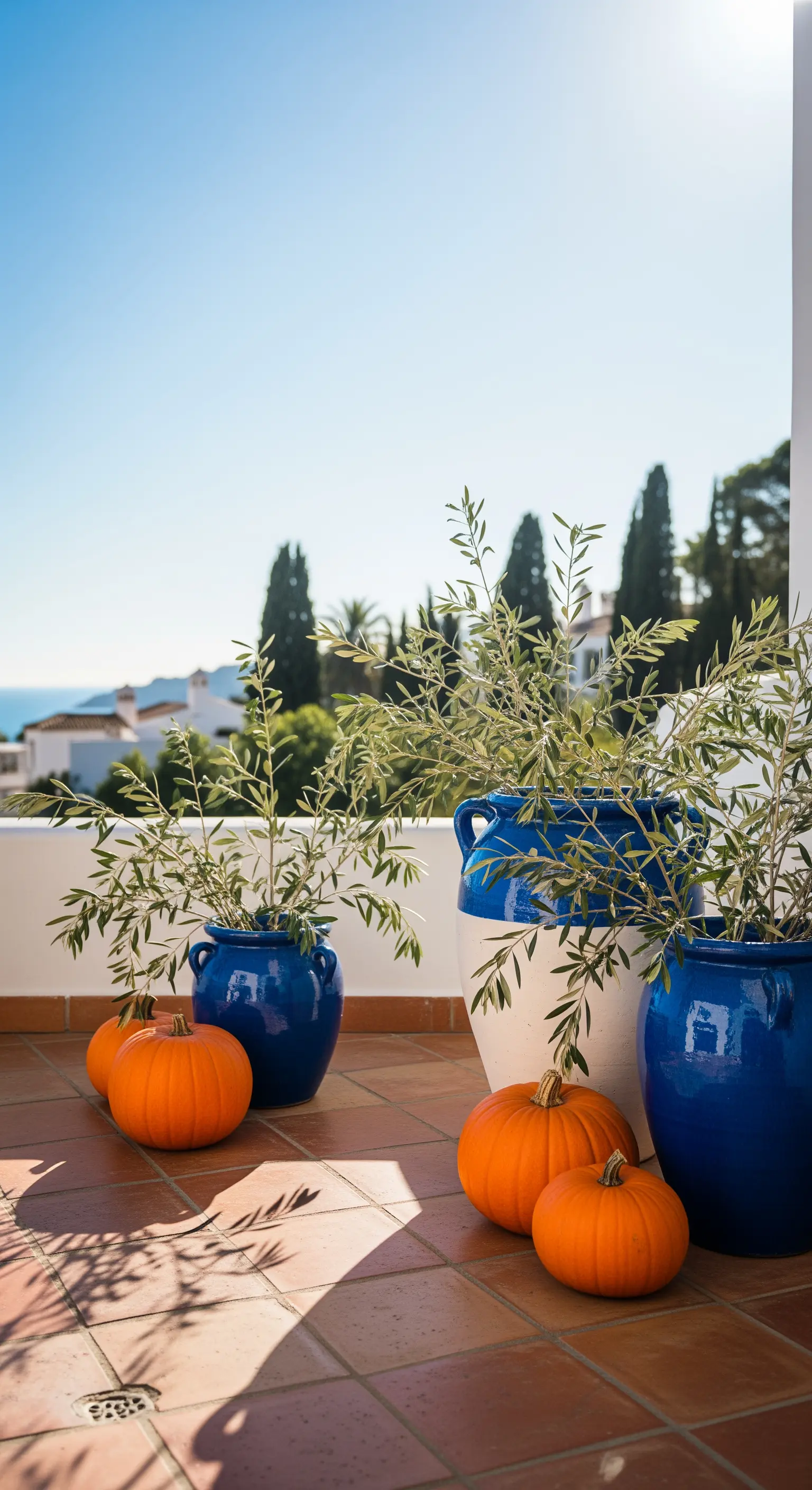 Mediterrane Terrasse mit blauen Töpfen, Olivenzweigen, orange Kürbissen