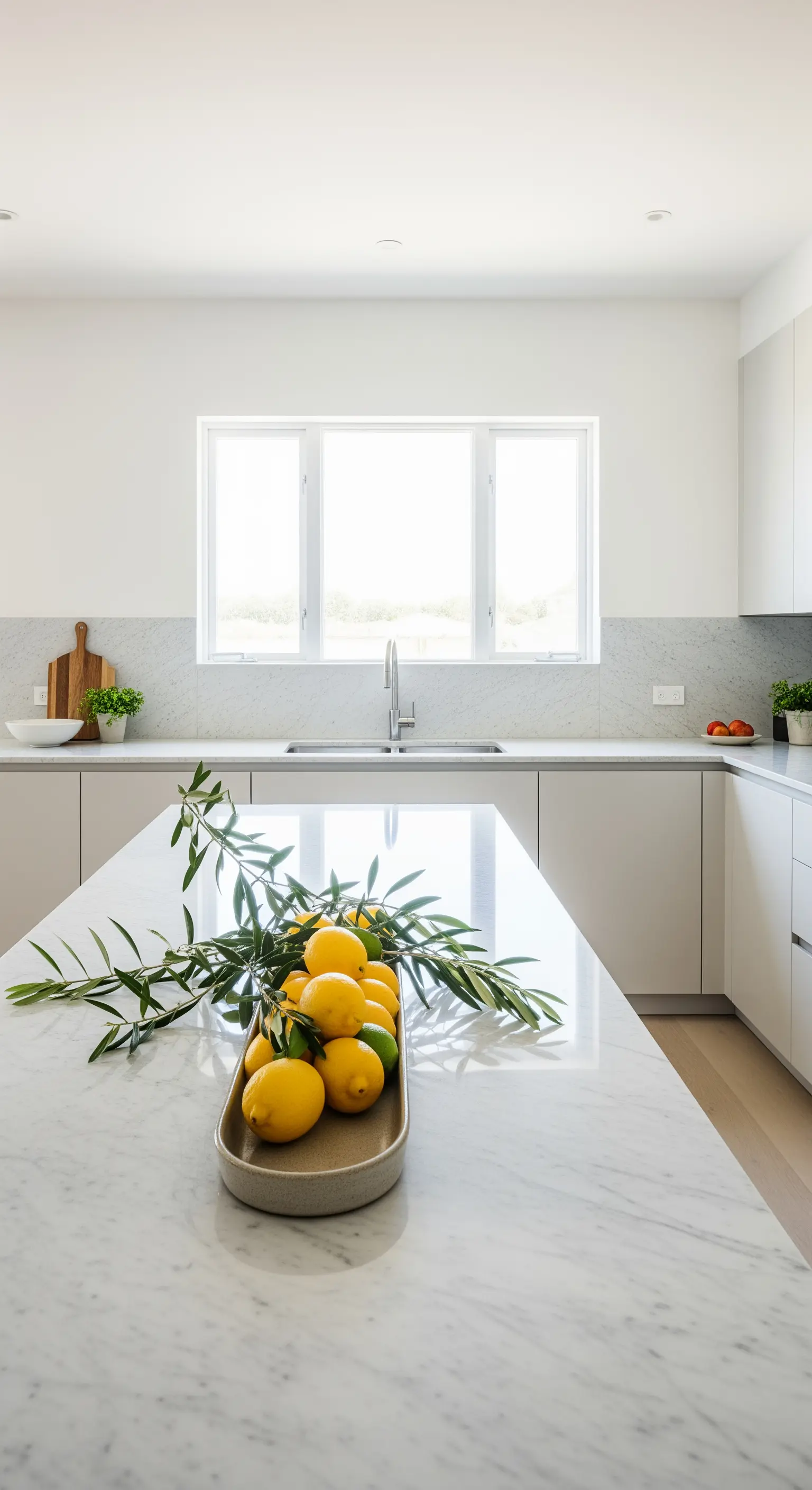 Zitronen und Olivenzweige in Keramikschale
