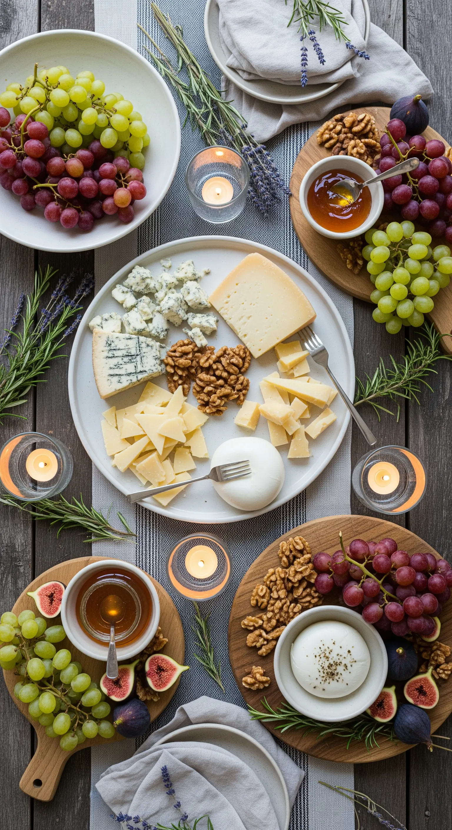 Mediterrane Käseplatte mit Trauben, Feigen, Walnüssen und Kräutern, umgeben von Teelichtern