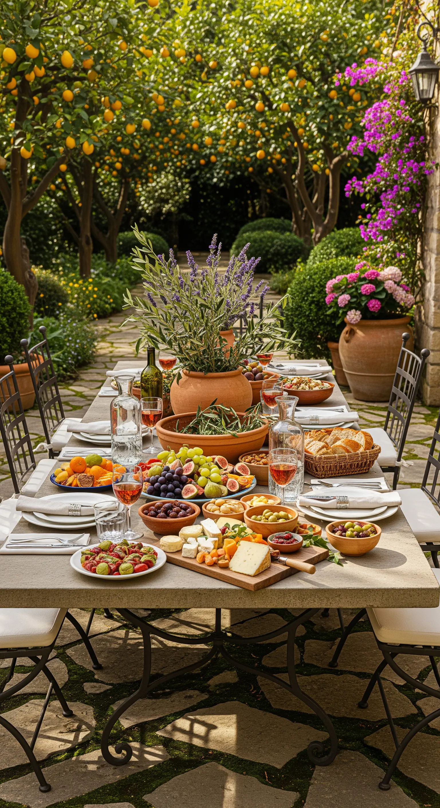 Mediterrane Tafel mit Lavendel, Oliven und Käse