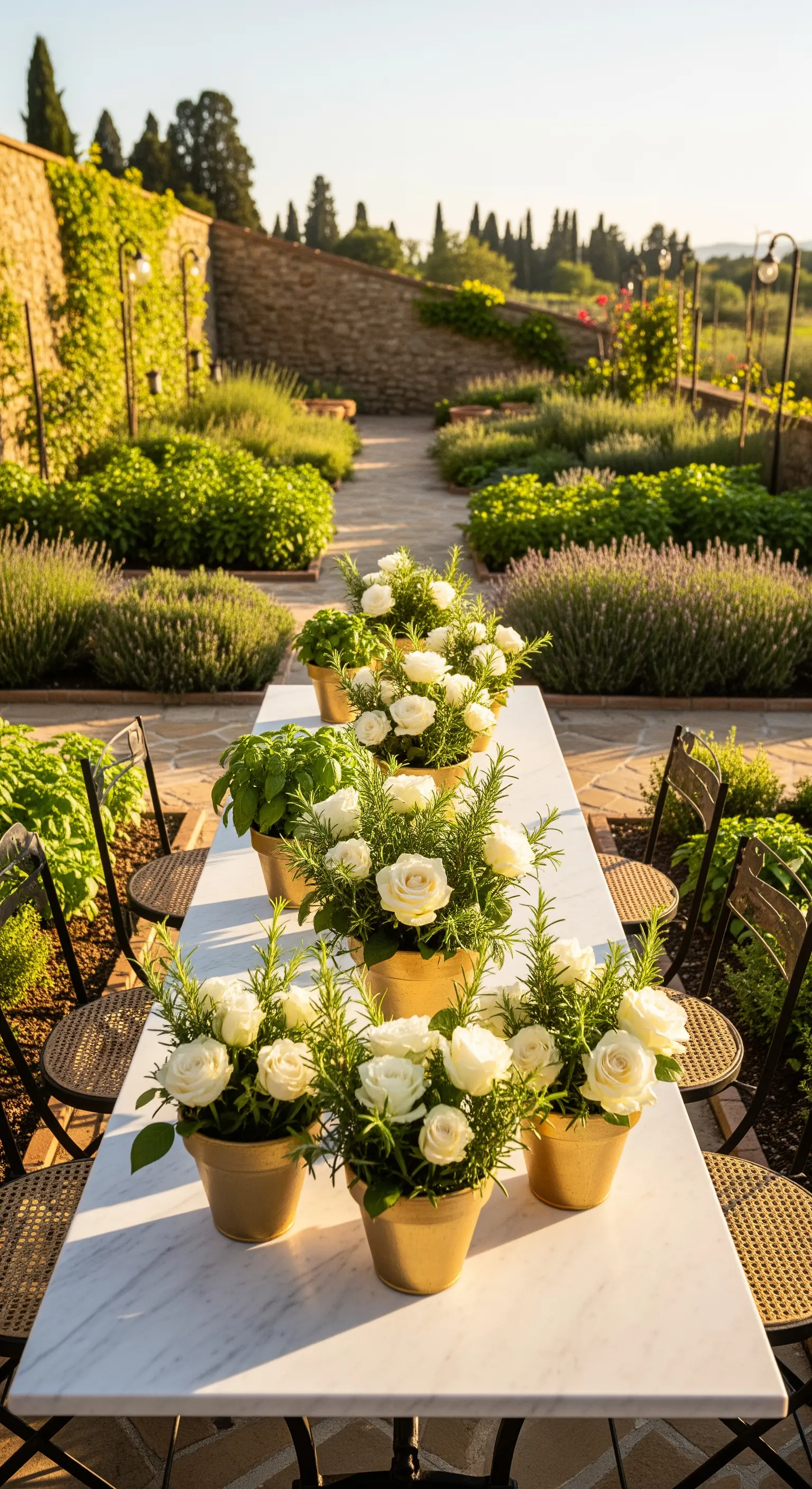 Marmortafel in Kräutergarten mit weißen Rosen und frischen Kräutern in Goldtöpfen.