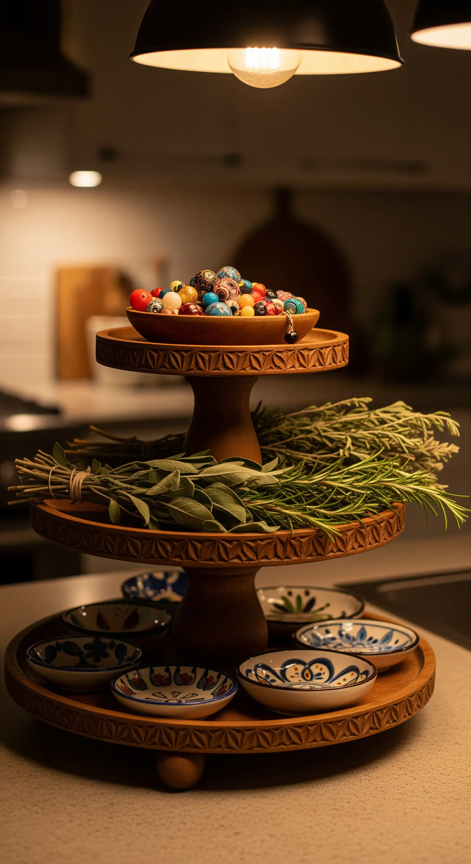 Gedrechselte Holz-Etagere bei warmem Licht, dekoriert mit Kräutern und Keramikschälchen.