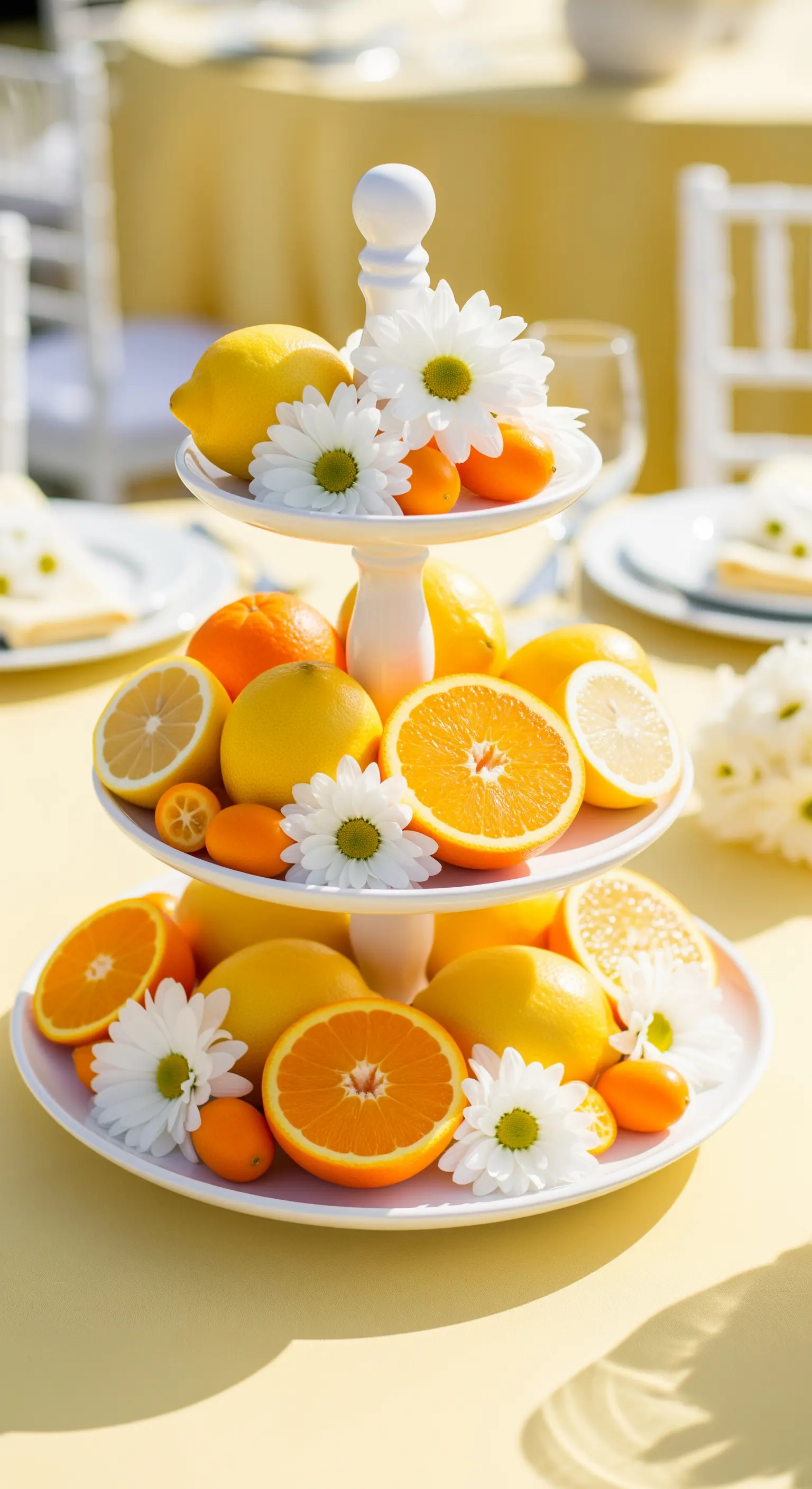 Weiße Etagere mit leuchtend gelben Zitronen, Orangen und weißen Gänseblümchen.