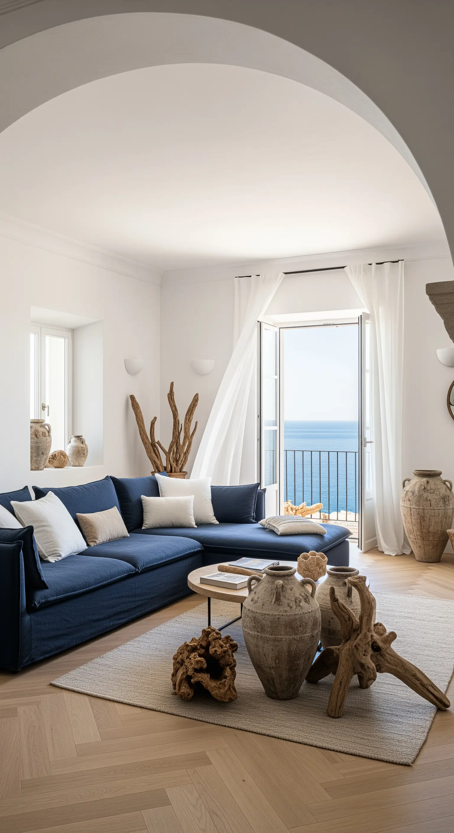 Helles Wohnzimmer mit blauem Leinensofa und Blick auf das Meer, dekoriert mit Treibholz.