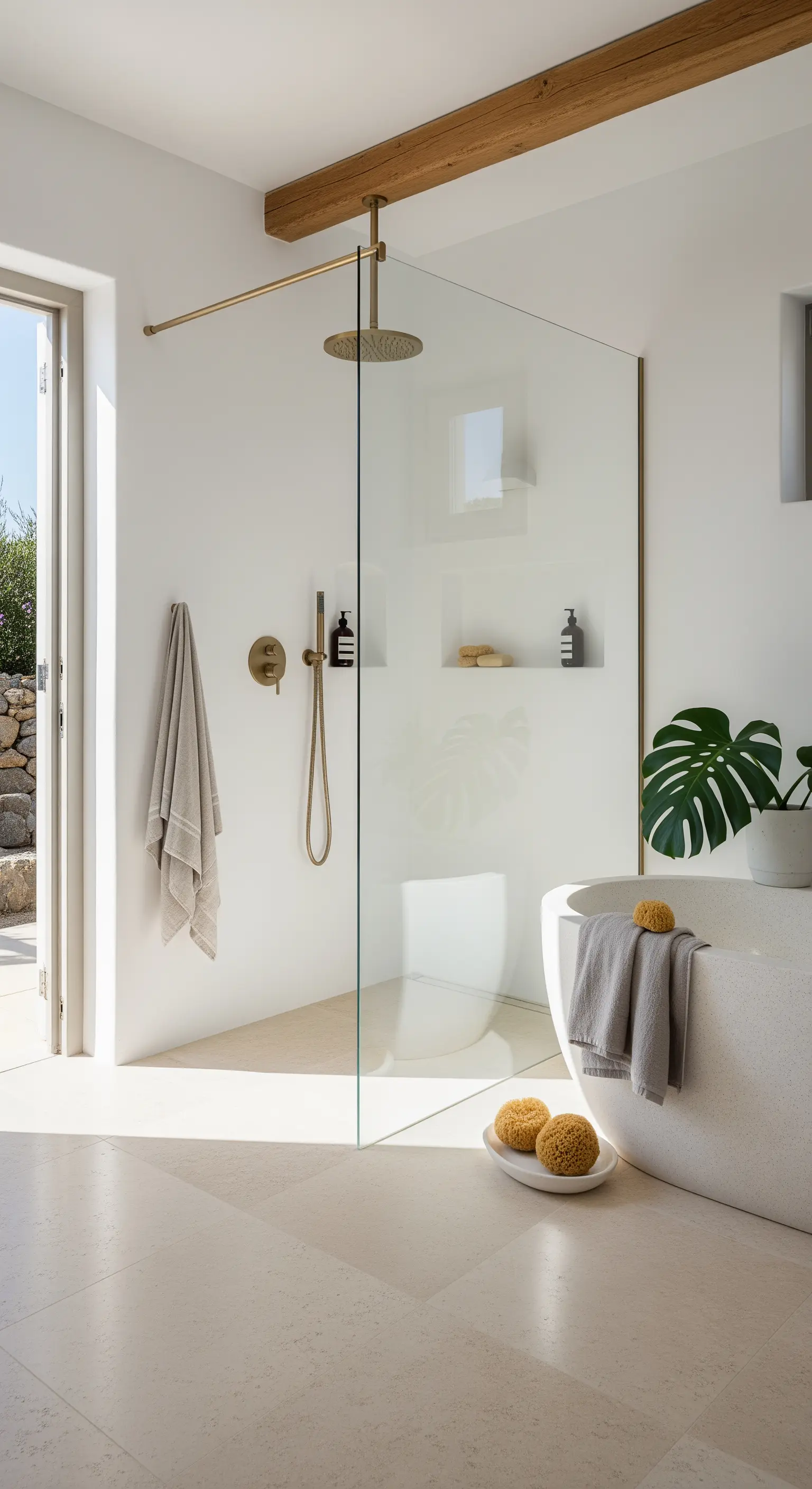 Helles Badezimmer mit Walk-in-Dusche, Messing-Regendusche und freistehender Badewanne