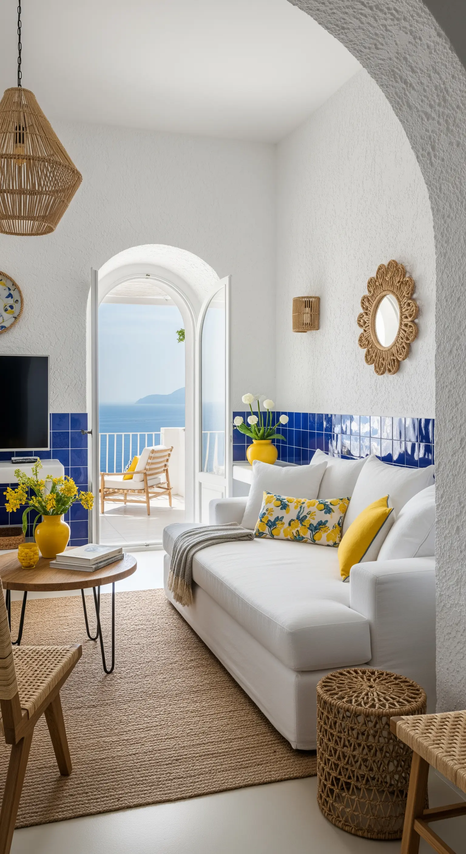 Wohnzimmer im mediterranen Stil mit weißen Wänden, blauen Fliesen und gelben Akzenten.