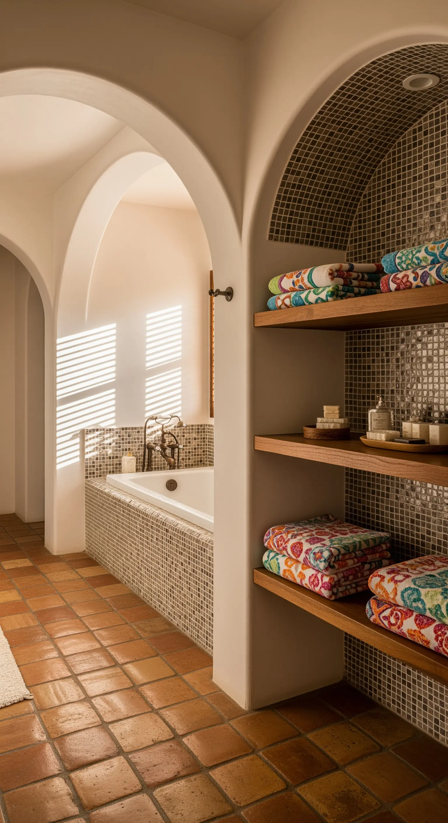 Eingebaute Wandnischen mit Mosaikfliesen und bunten Handtüchern im mediterranen Stil.